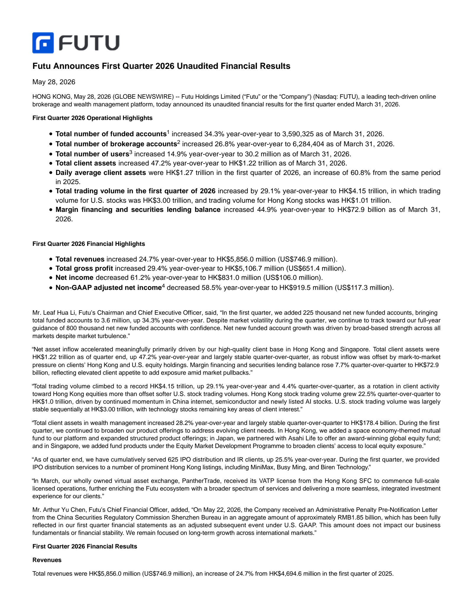 Futu's Q1 2026 Press Release