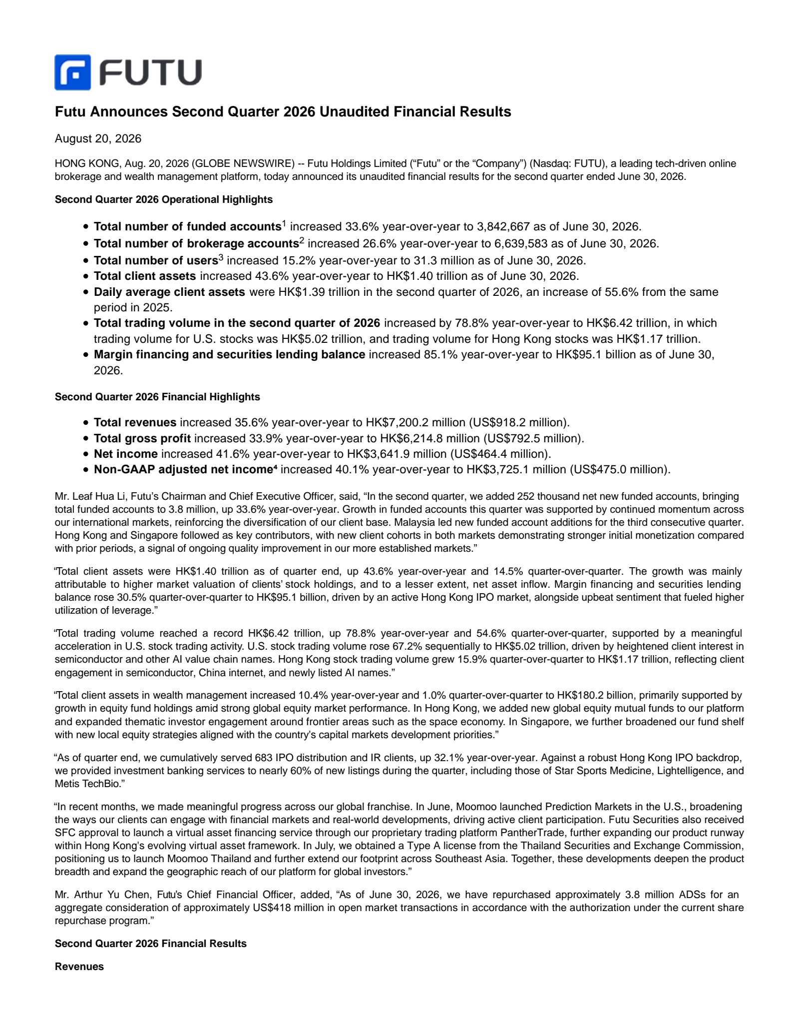 Futu's Q2 2026 Press Release
