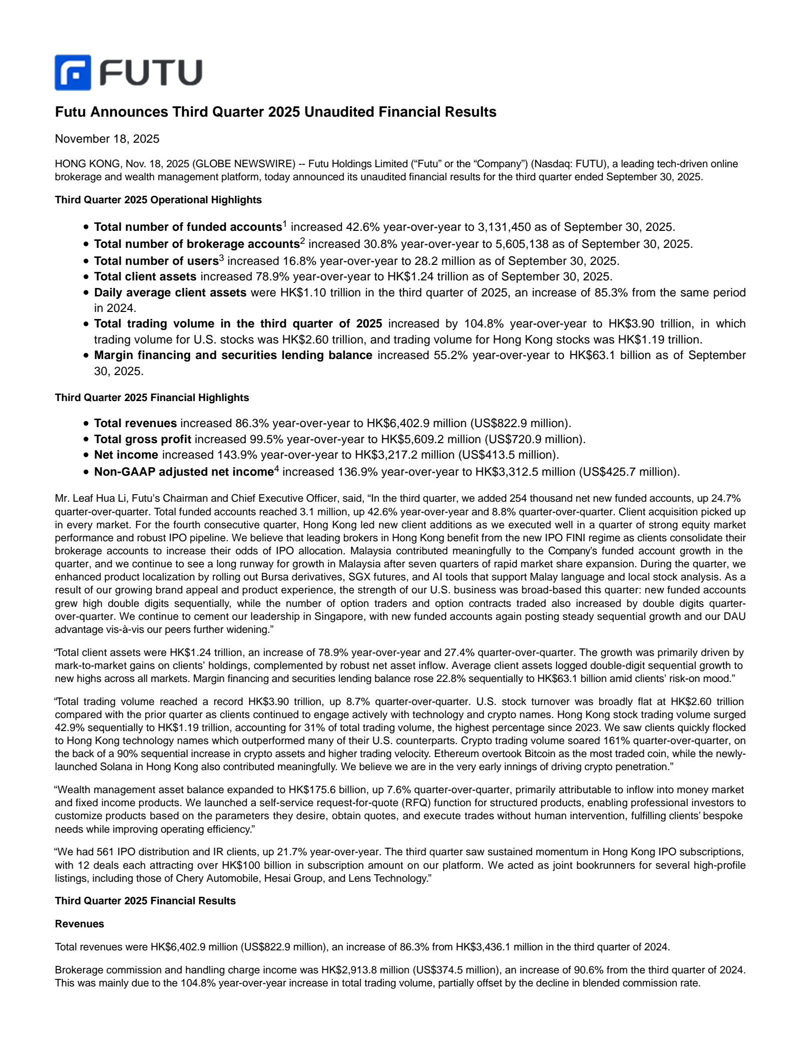 FUTU Q3 2025 Earnings Report on 11/18/2025