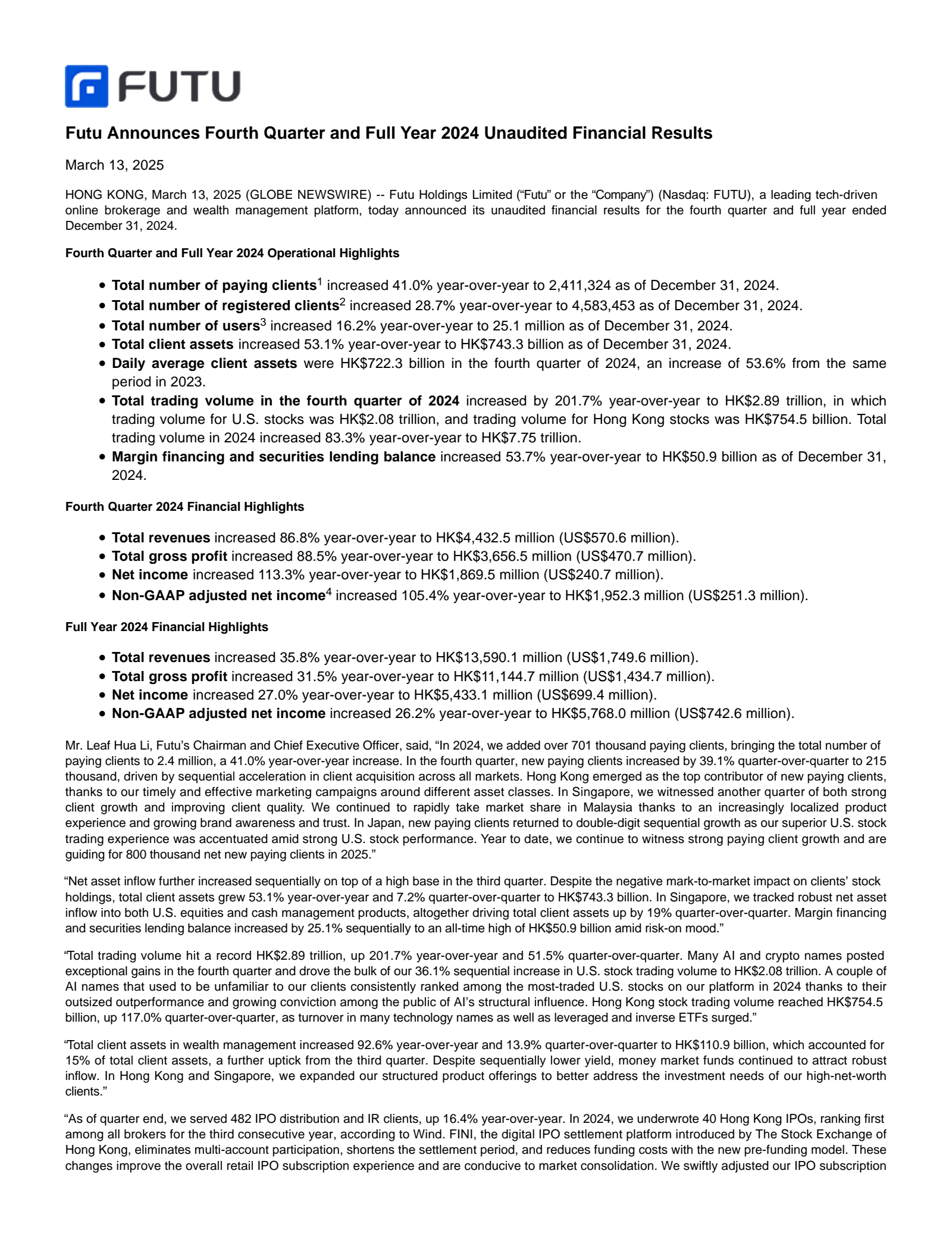 Futu's Q4 2024 Press Release