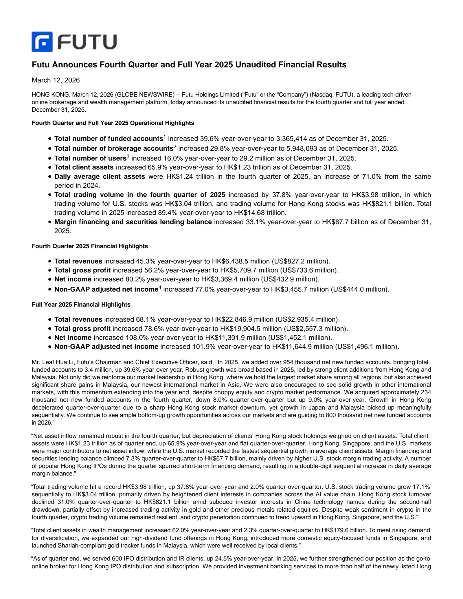 Futu's Q4 2025 Press Release