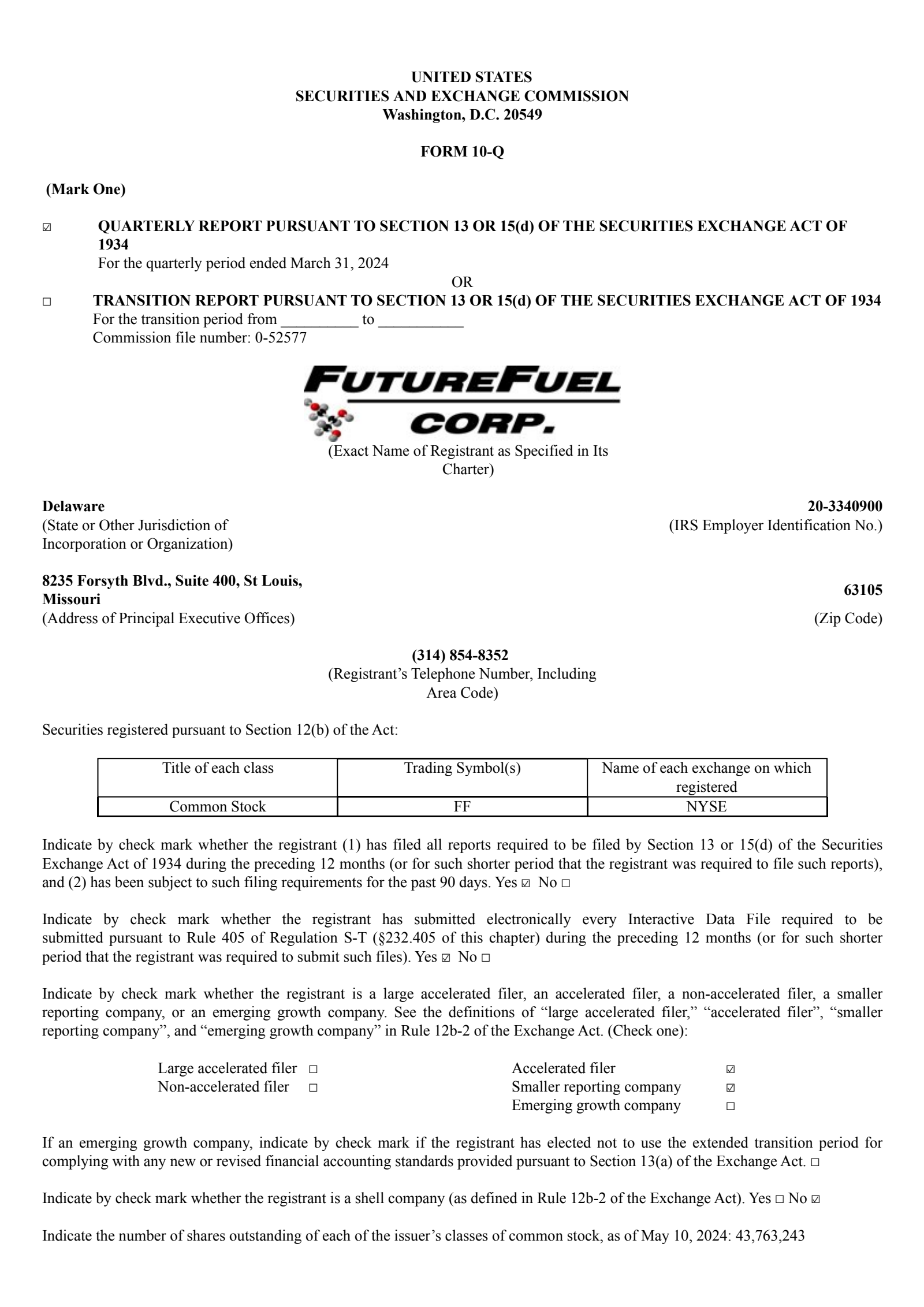 FutureFuel's Q1 2024 Quarterly report