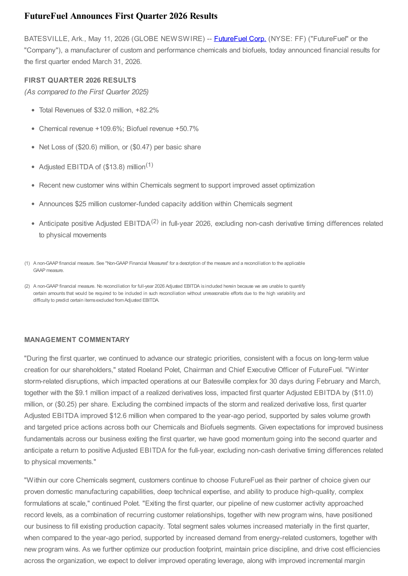 FutureFuel's Q1 2026 Press Release