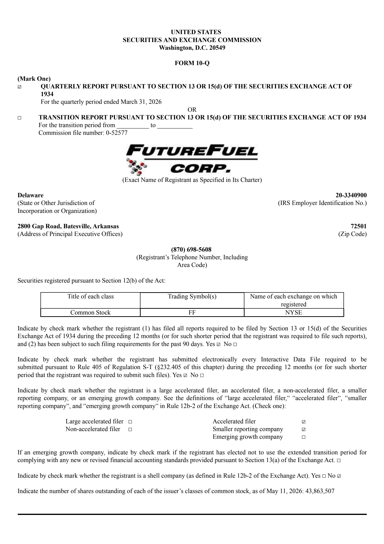 FutureFuel's Q1 2026 Quarterly report