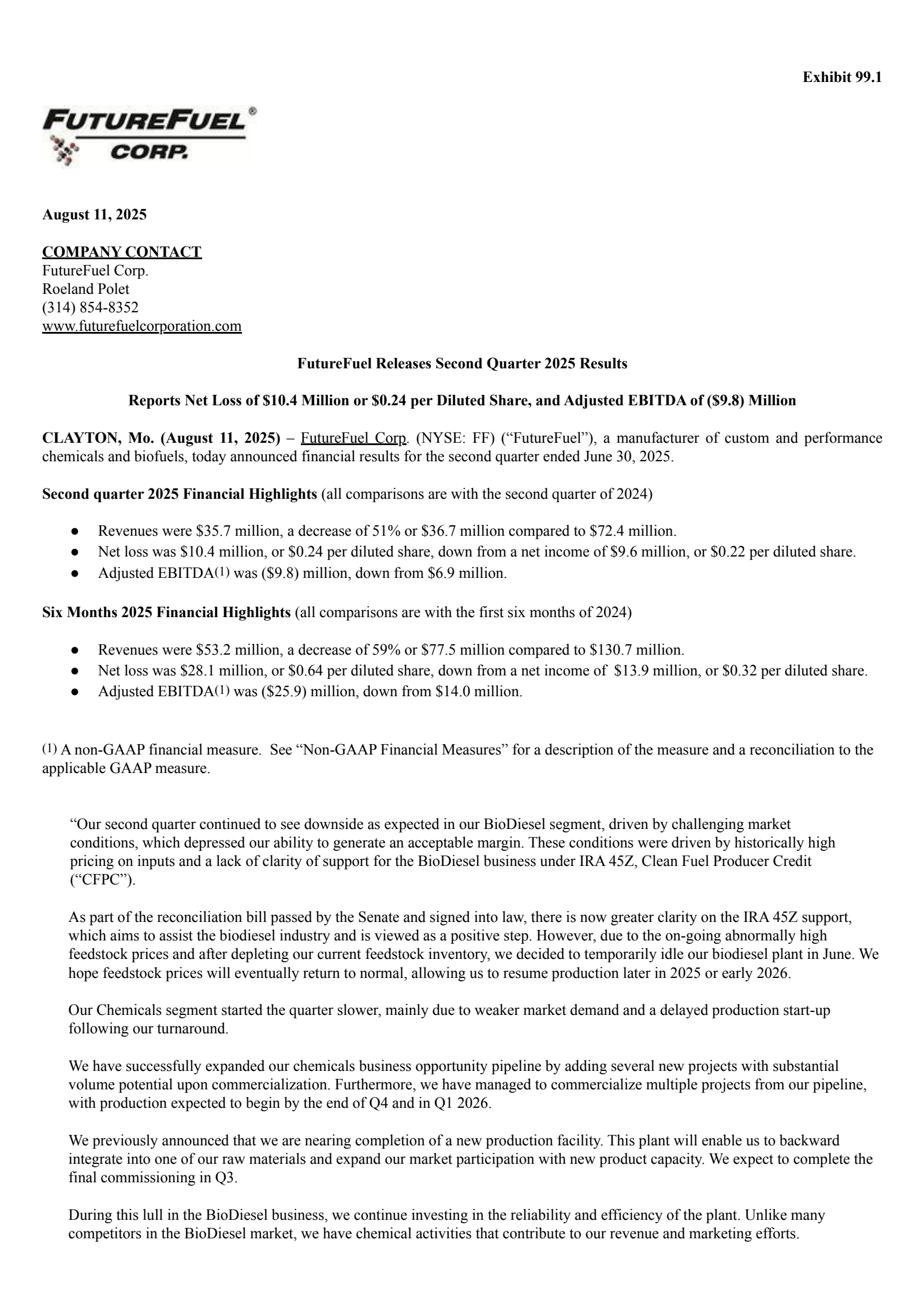 FutureFuel's Q2 2025 Press Release