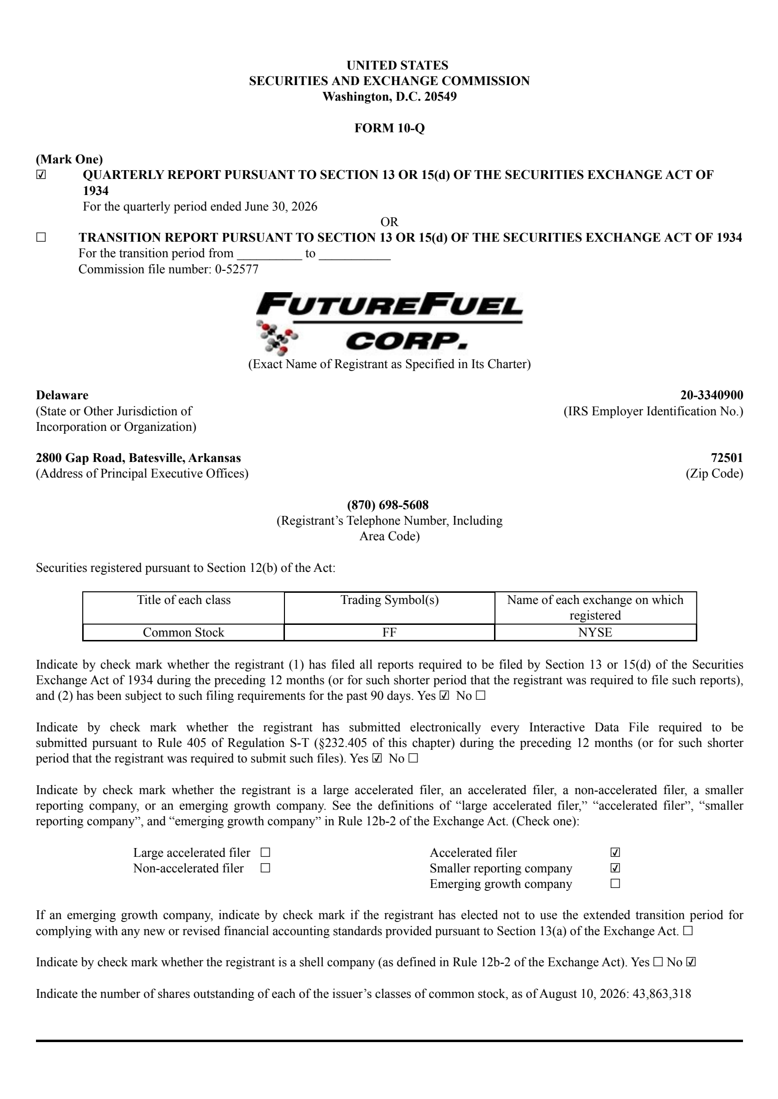 FutureFuel's Q2 2026 Quarterly report