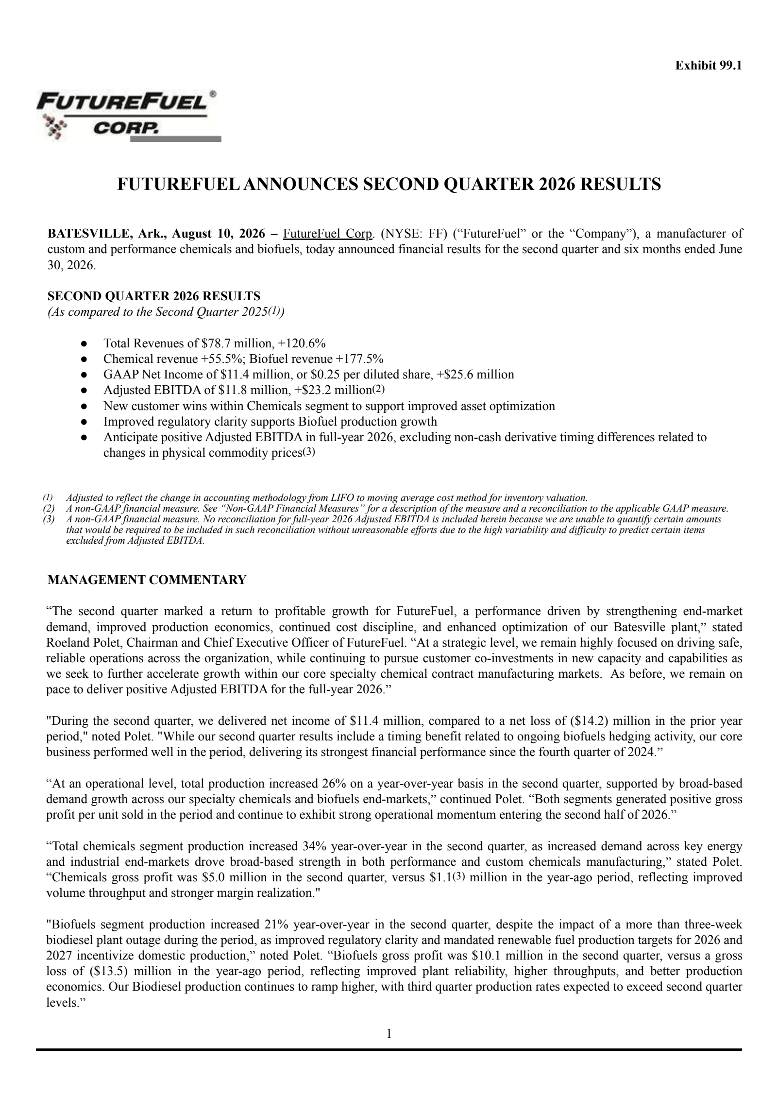 FutureFuel's Q2 2026 Press Release