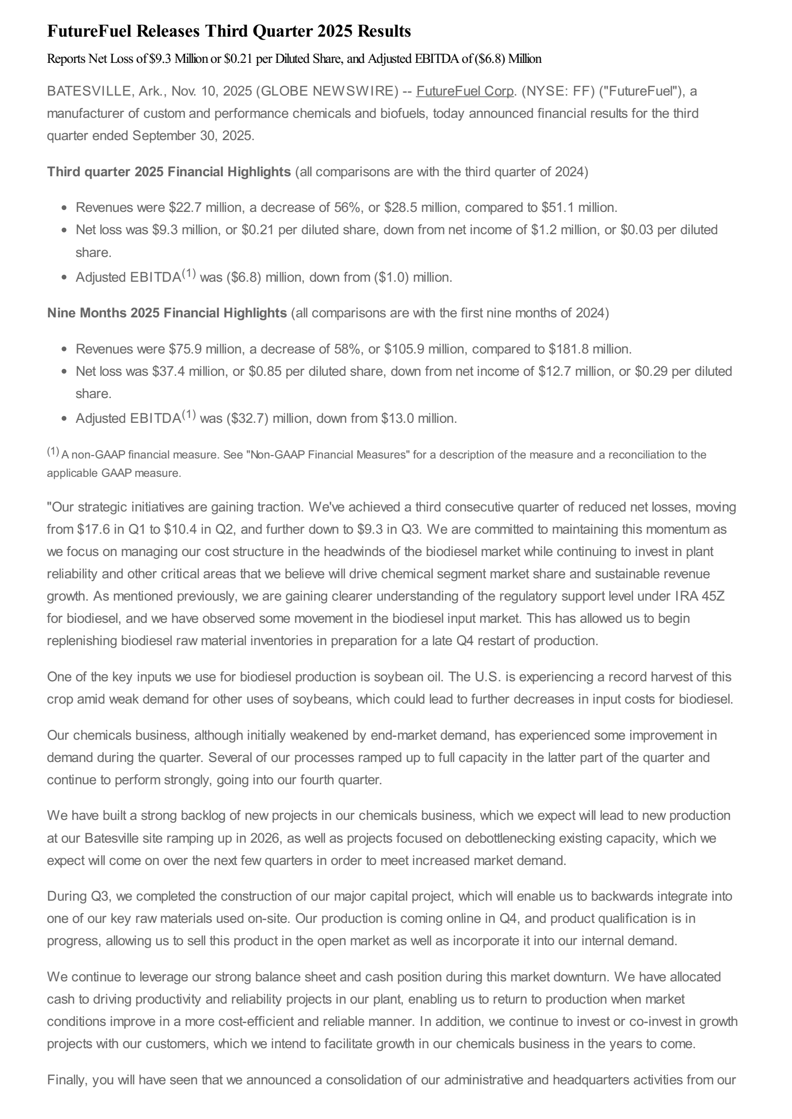 FutureFuel's Q3 2025 Earnings Release