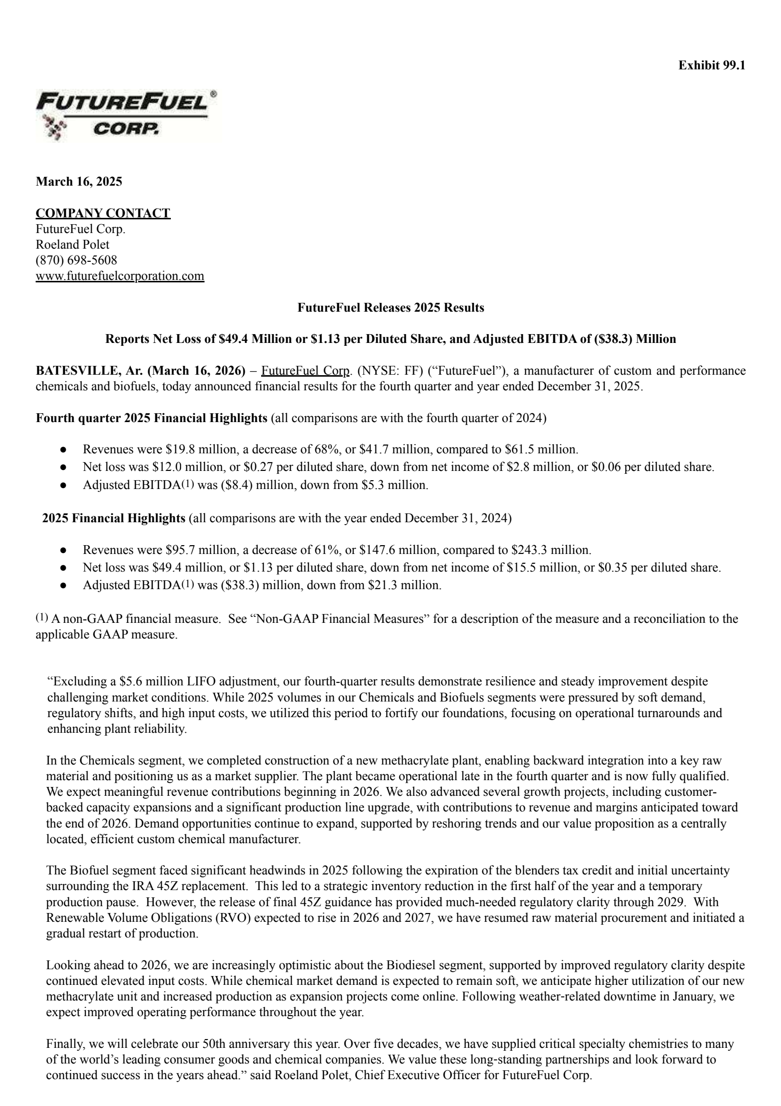 FutureFuel's Q4 2025 Press Release