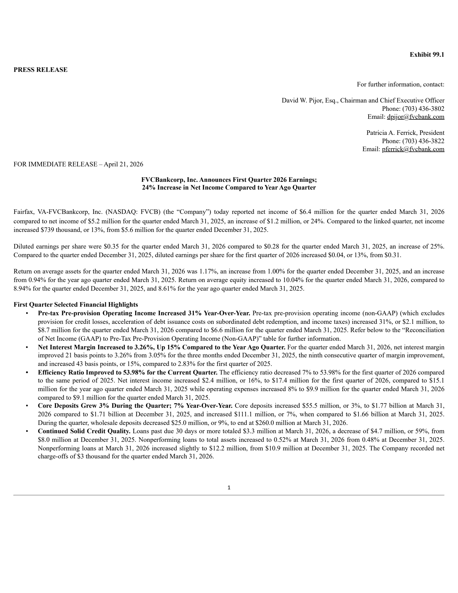 Fvcbankcorp's Q1 2026 Press Release