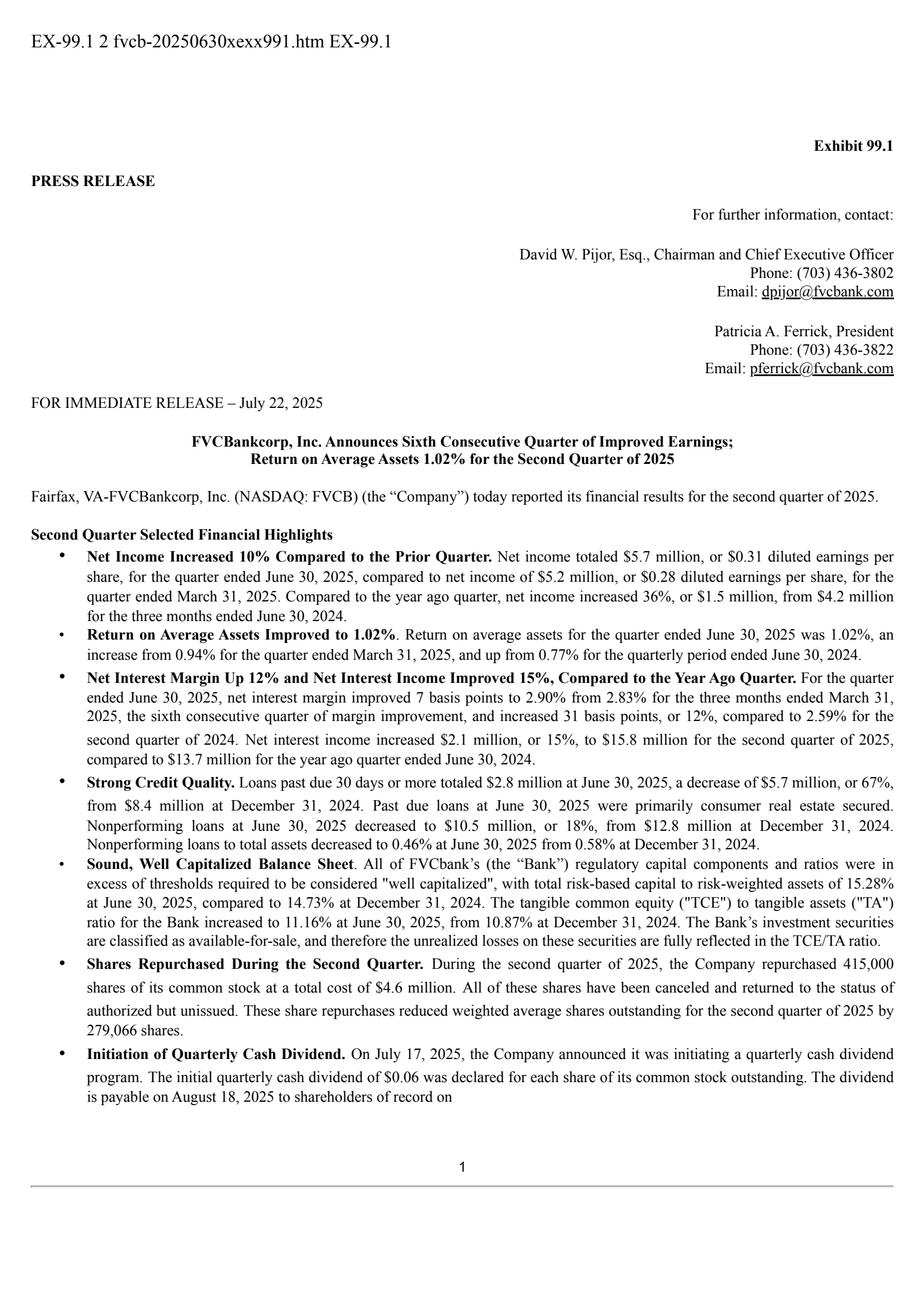 Fvcbankcorp's Q2 2025 Press Release