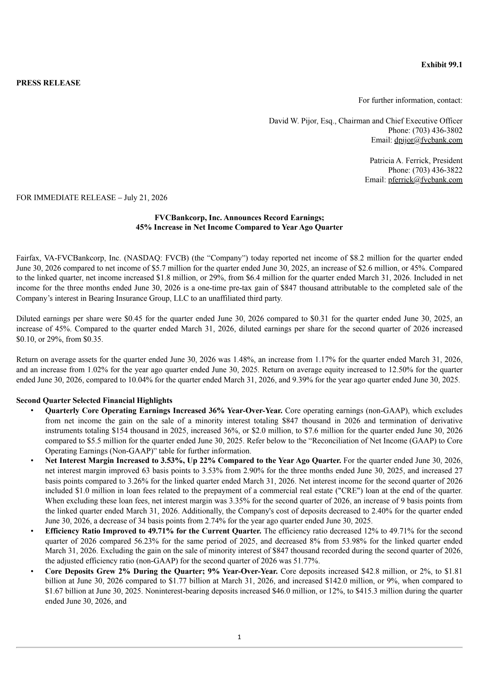 Fvcbankcorp's Q2 2026 Press Release
