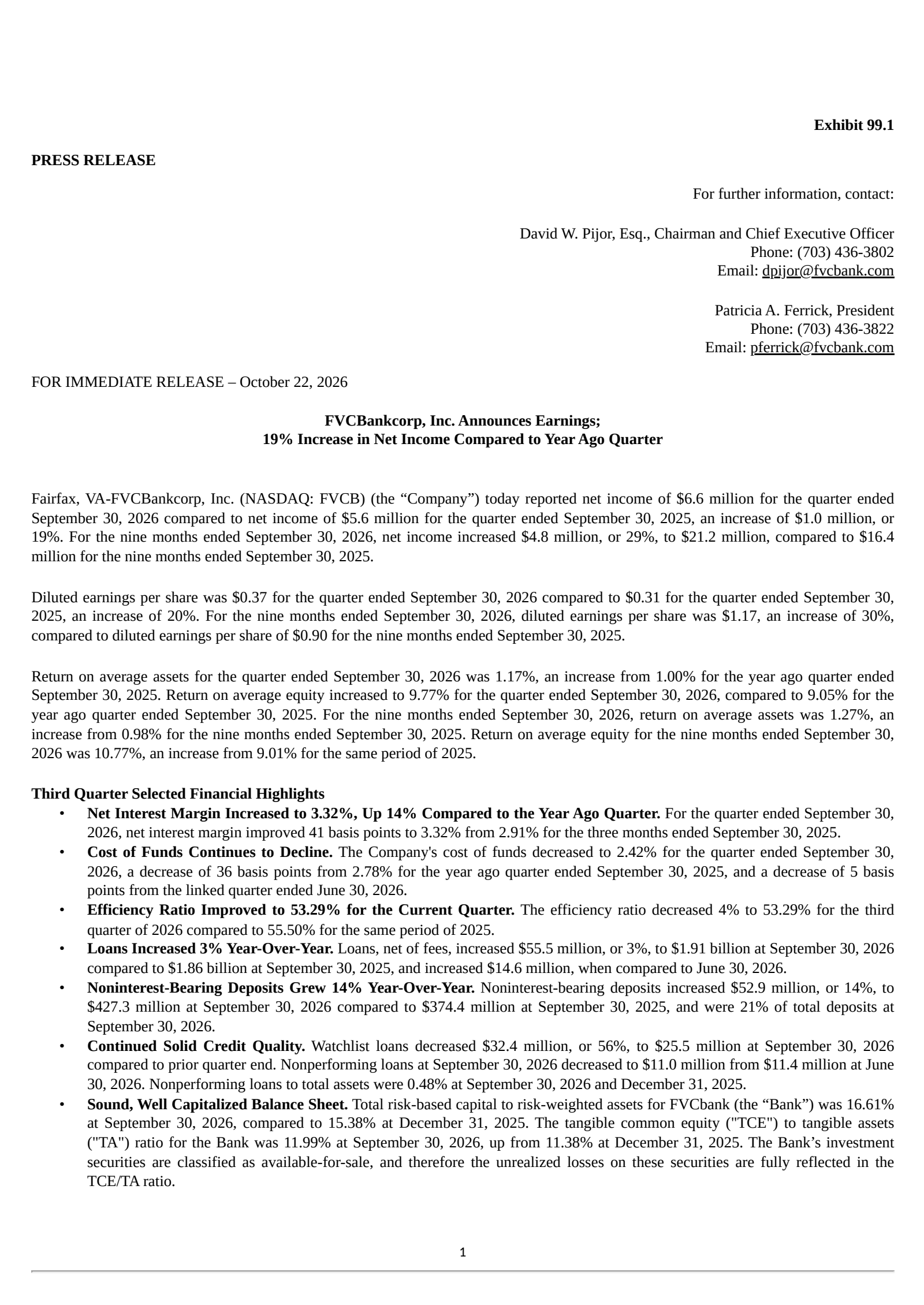 Fvcbankcorp's Q3 2026 Press Release
