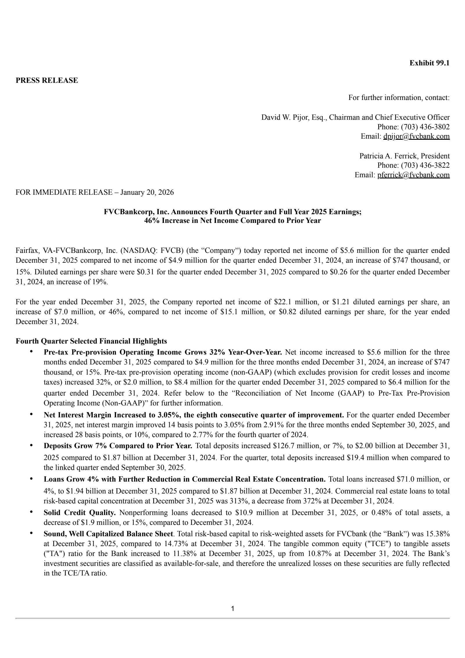 Fvcbankcorp's Q4 2025 Press Release