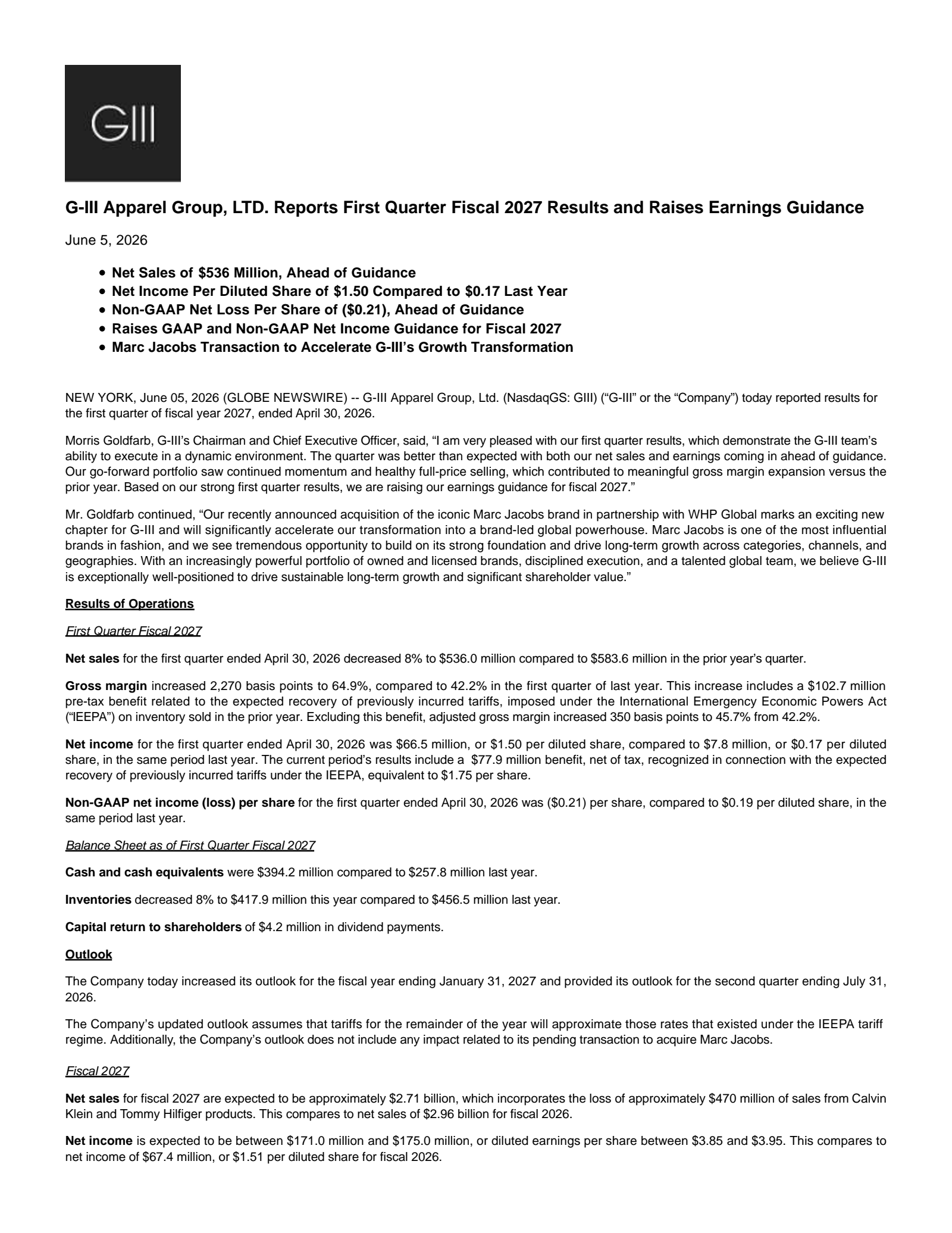 G-III Apparel Group's Q1 2027 Press Release