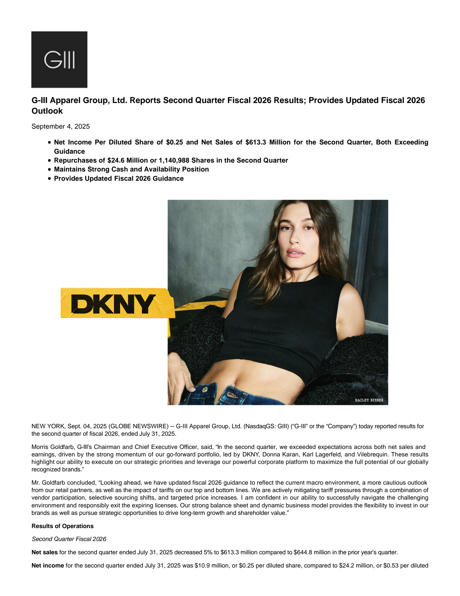 G-III Apparel Group's Q2 2026 Press Release