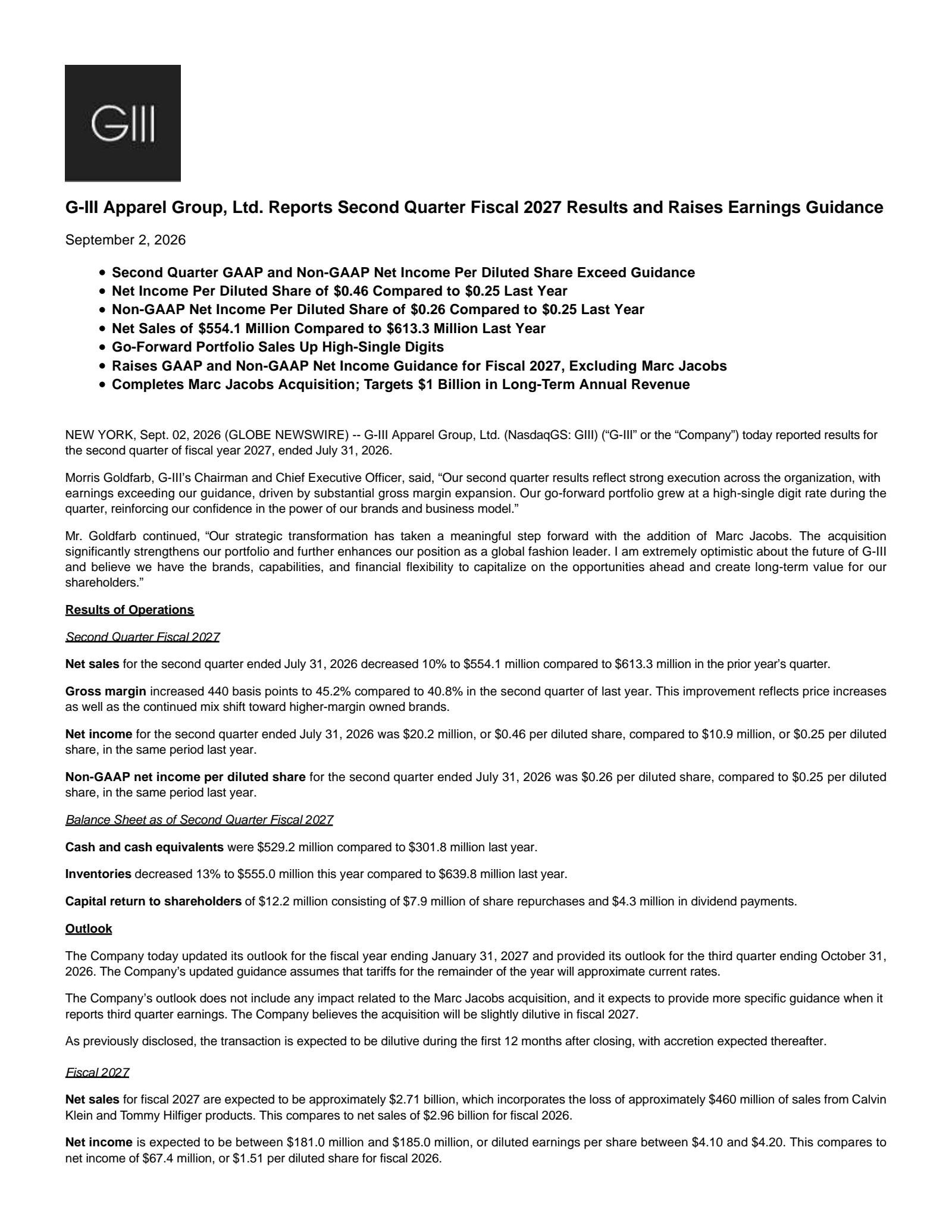 G-III Apparel Group's Q2 2027 Press Release