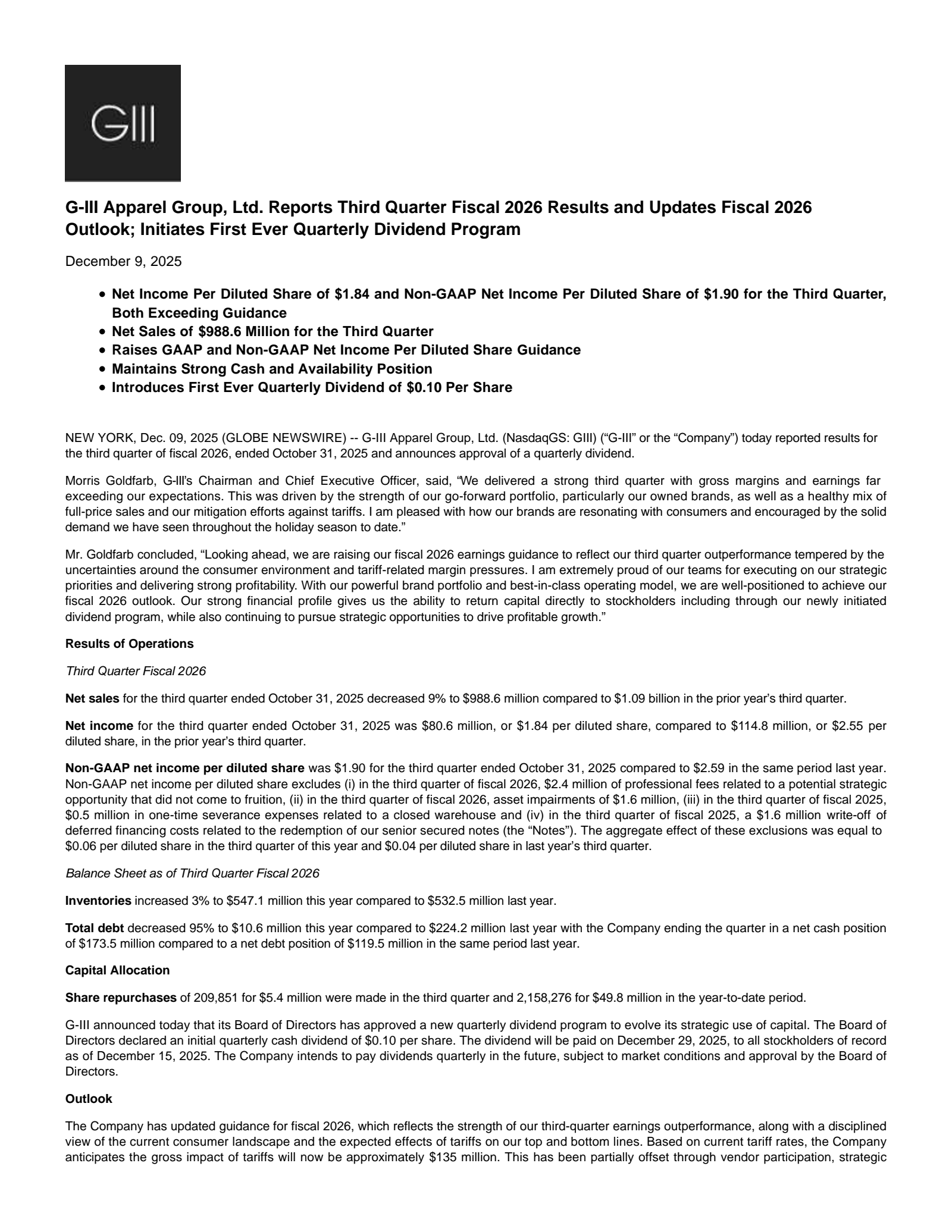 G-III Apparel Group's Q3 2026 Earnings Release