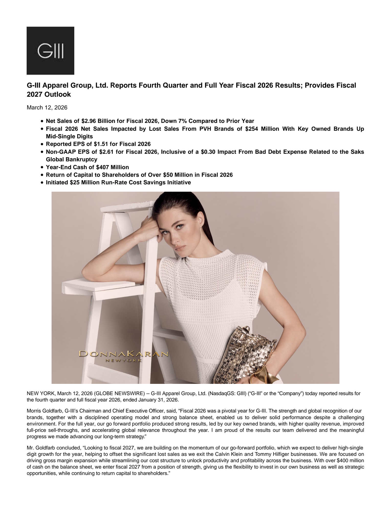 G-III Apparel Group's Q4 2026 Press Release