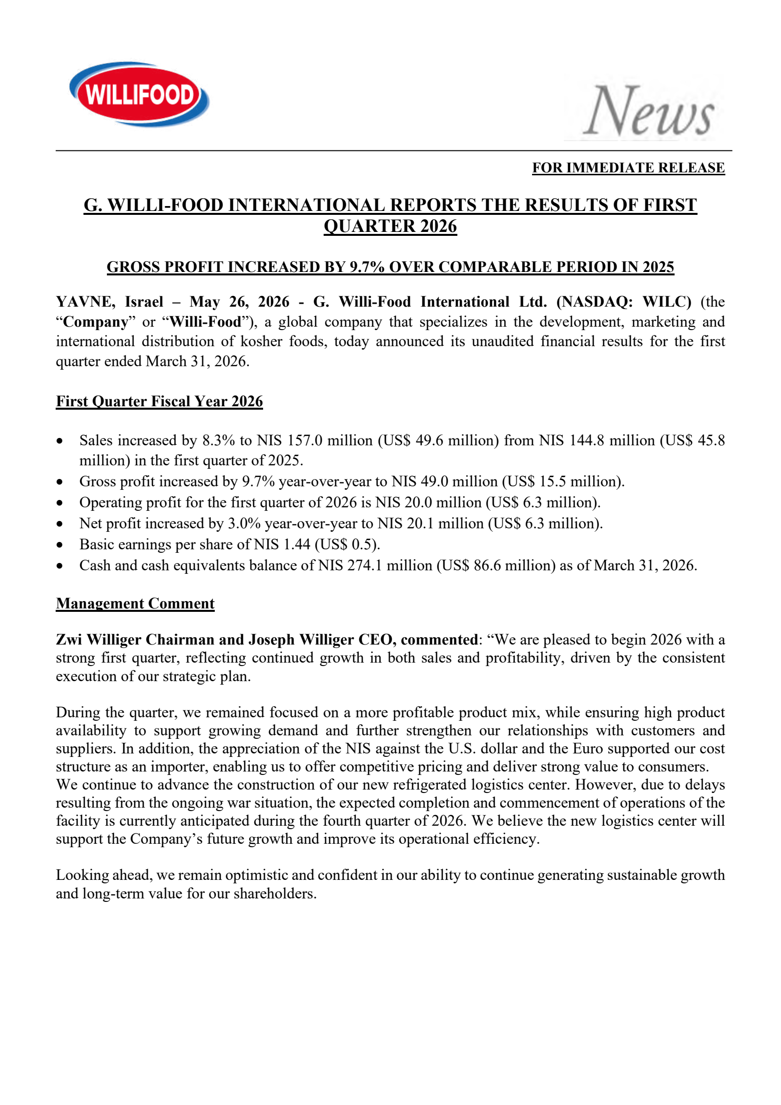 G. Willi-Food International's Q1 2026 Press Release