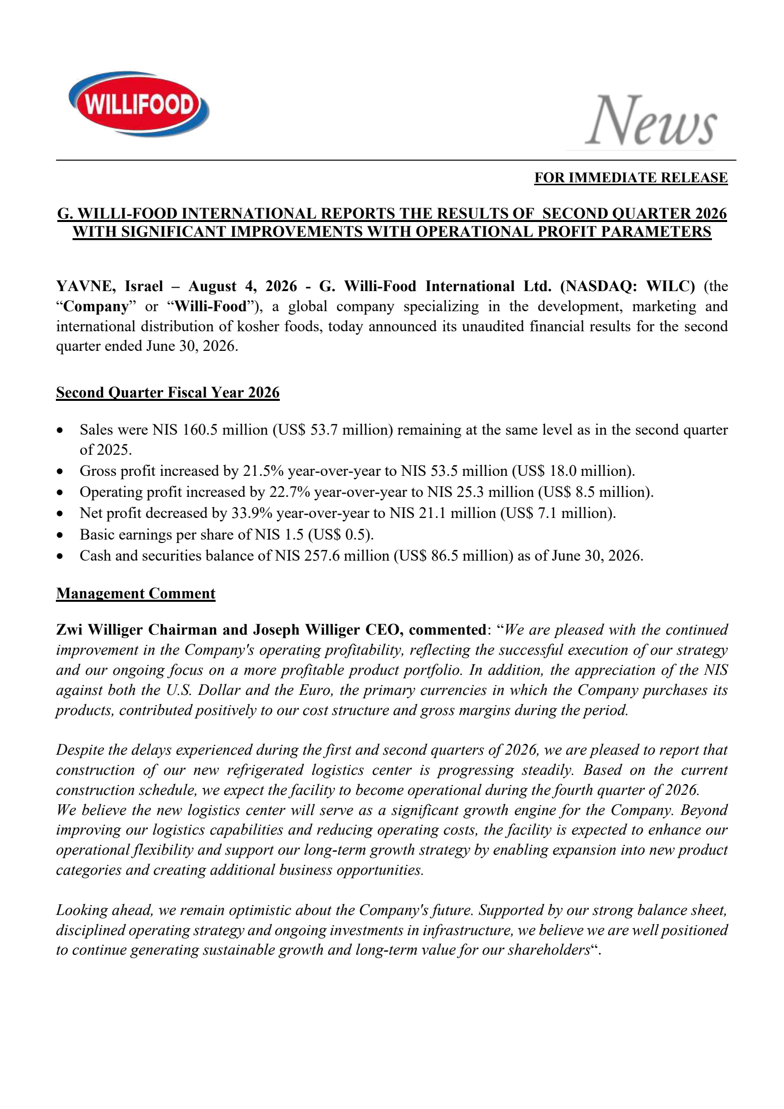 G. Willi-Food International's Q2 2026 Press Release