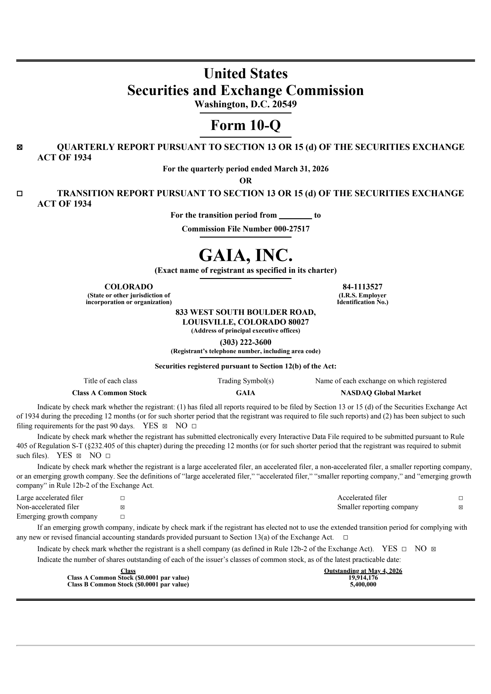 Gaia's Q1 2026 Quarterly report