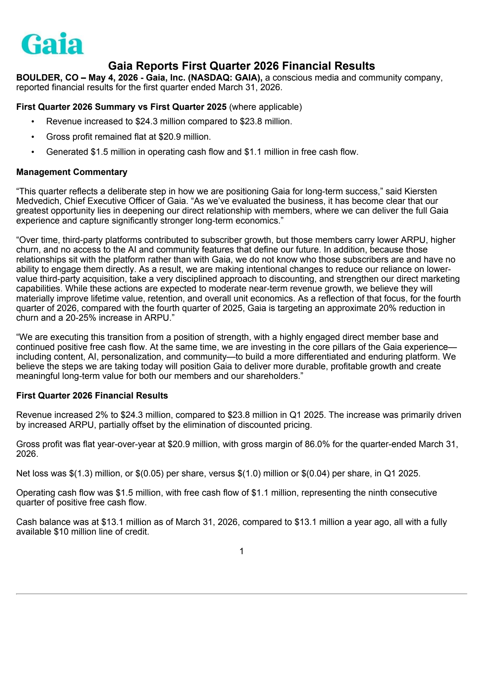 Gaia's Q1 2026 Press Release