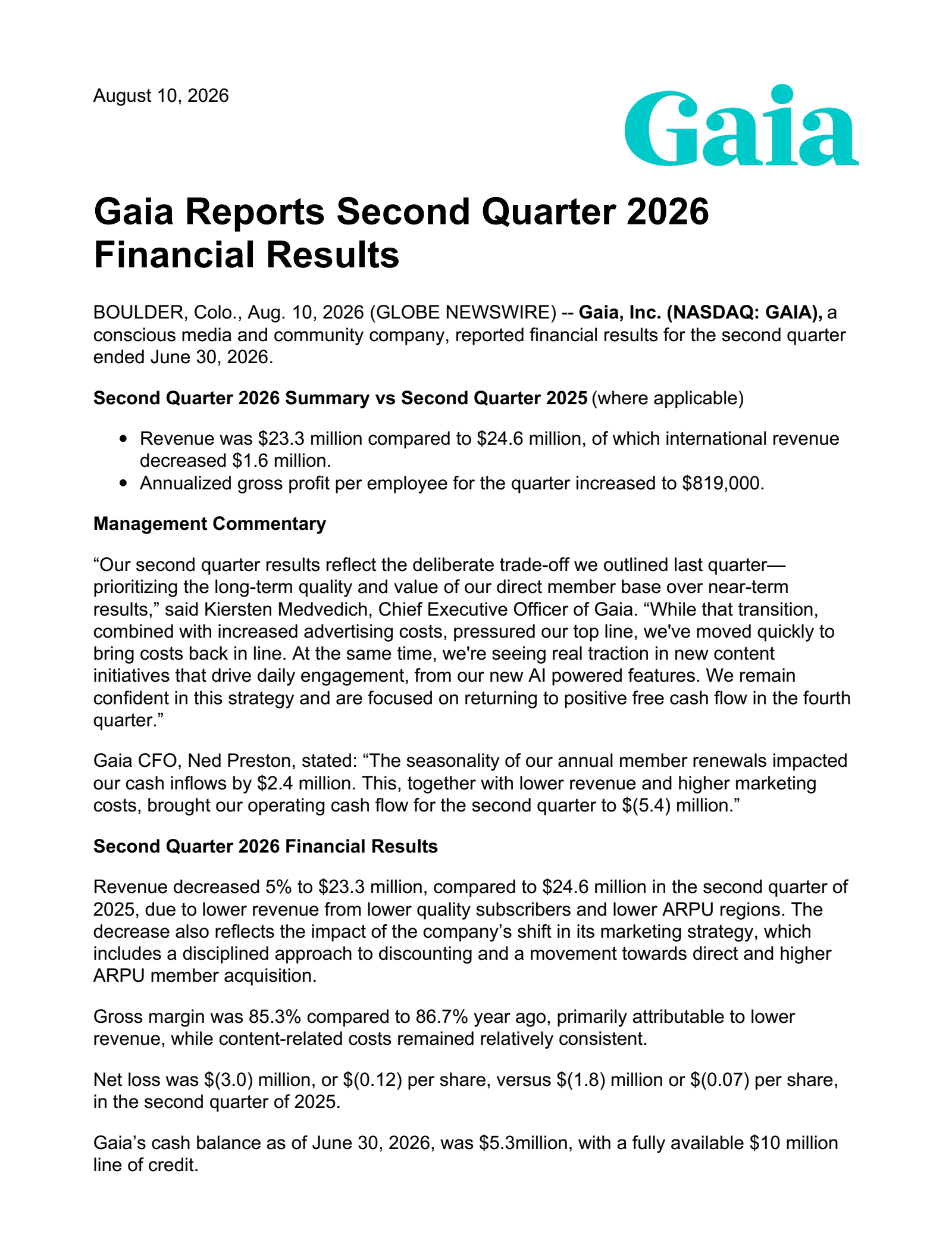 Gaia's Q2 2026 Press Release