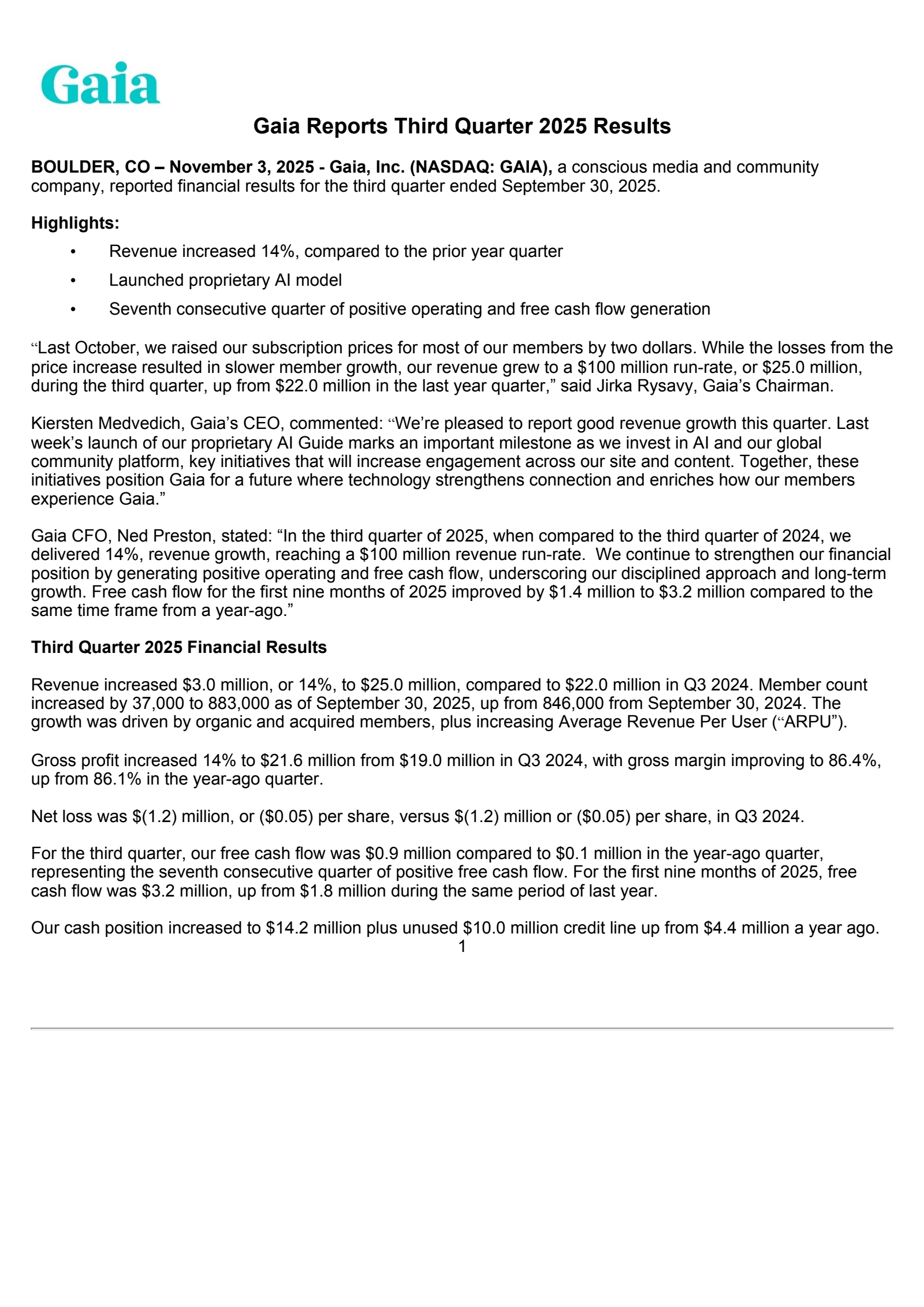 Gaia's Q3 2025 Earnings Release