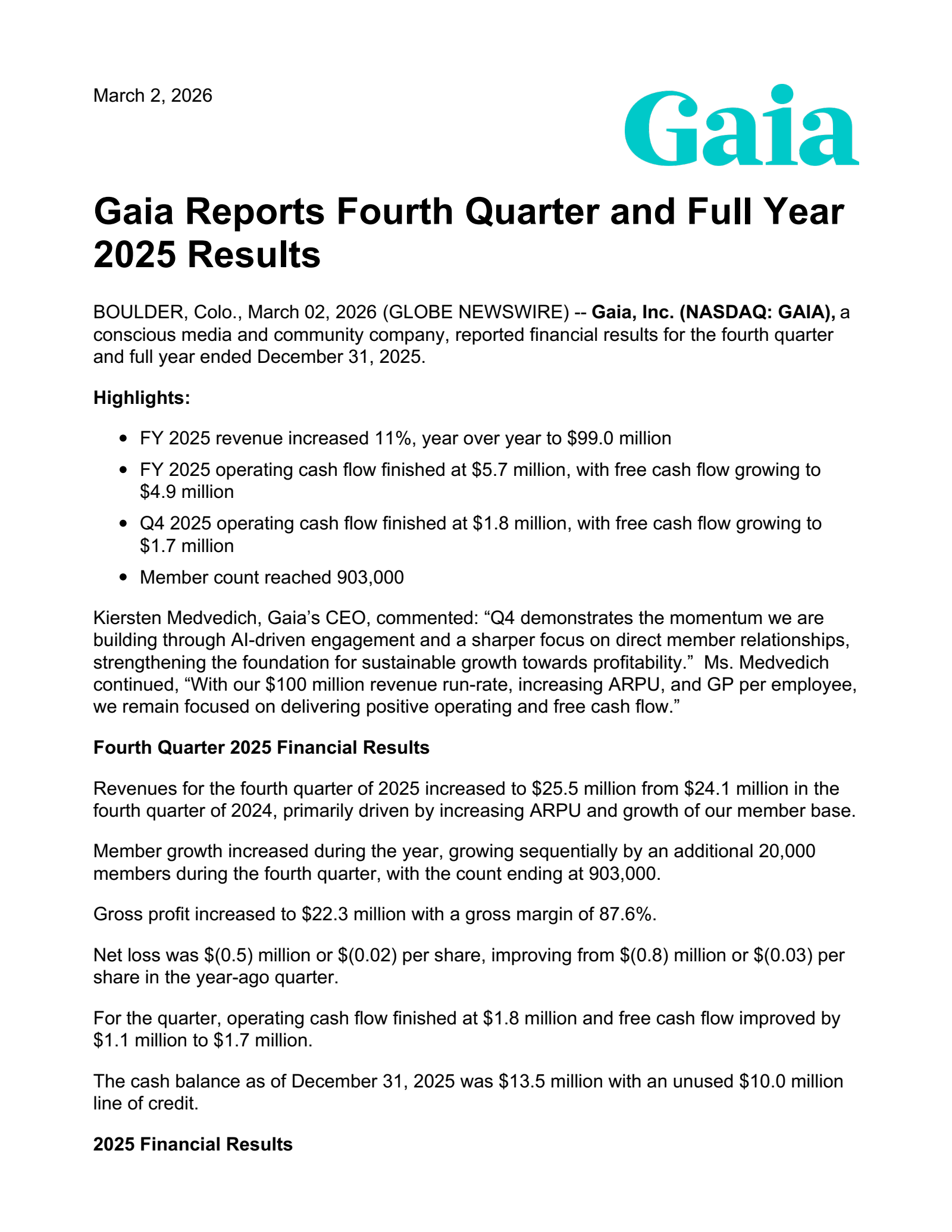 Gaia's Q4 2025 Press Release