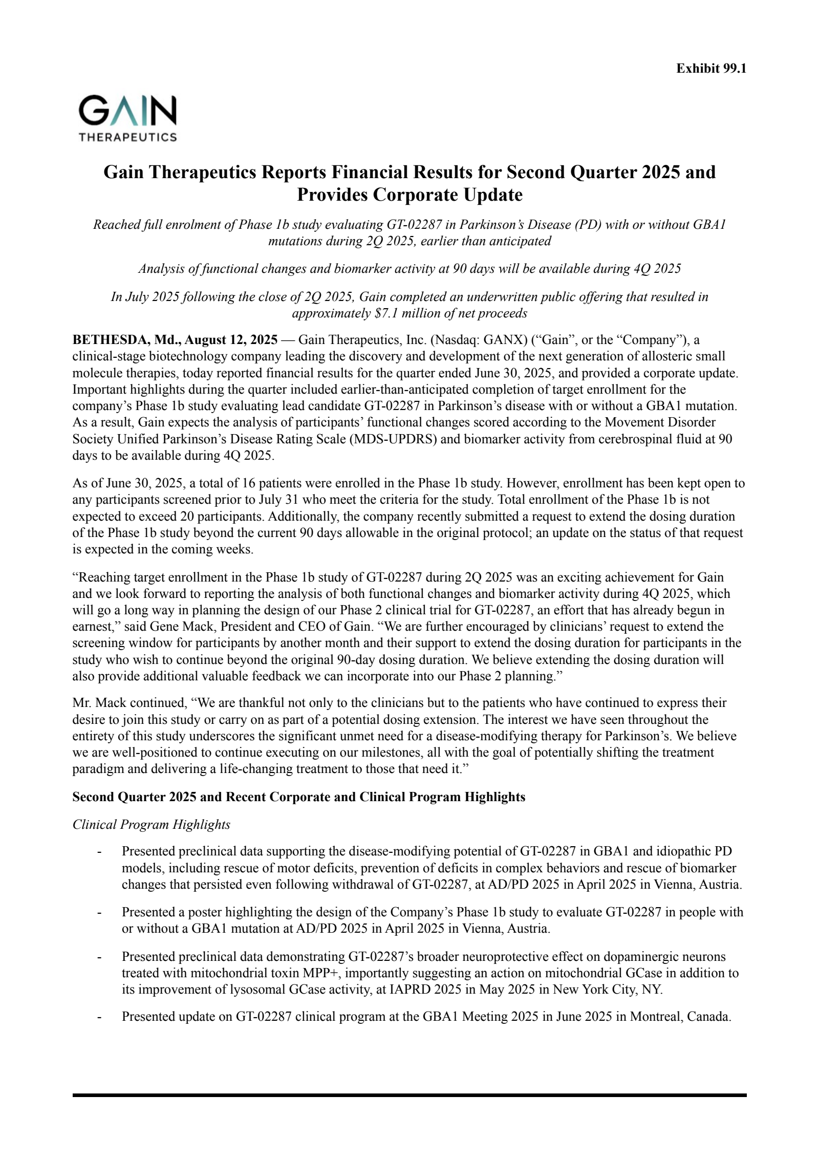 Gain Therapeutics' Q2 2025 Press Release