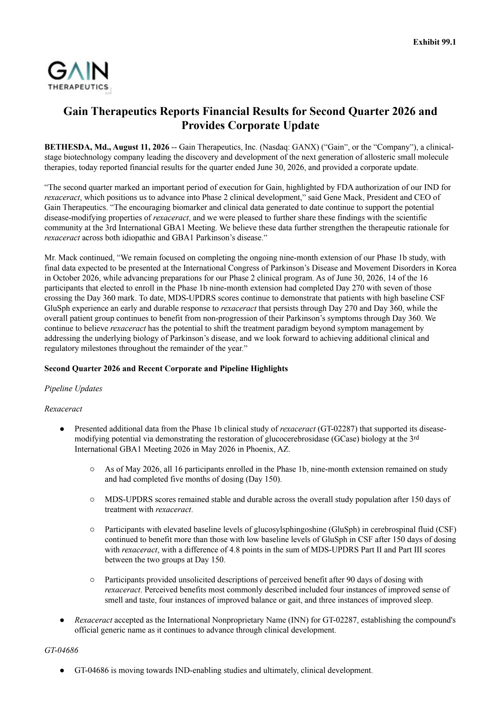 Gain Therapeutics' Q2 2026 Press Release