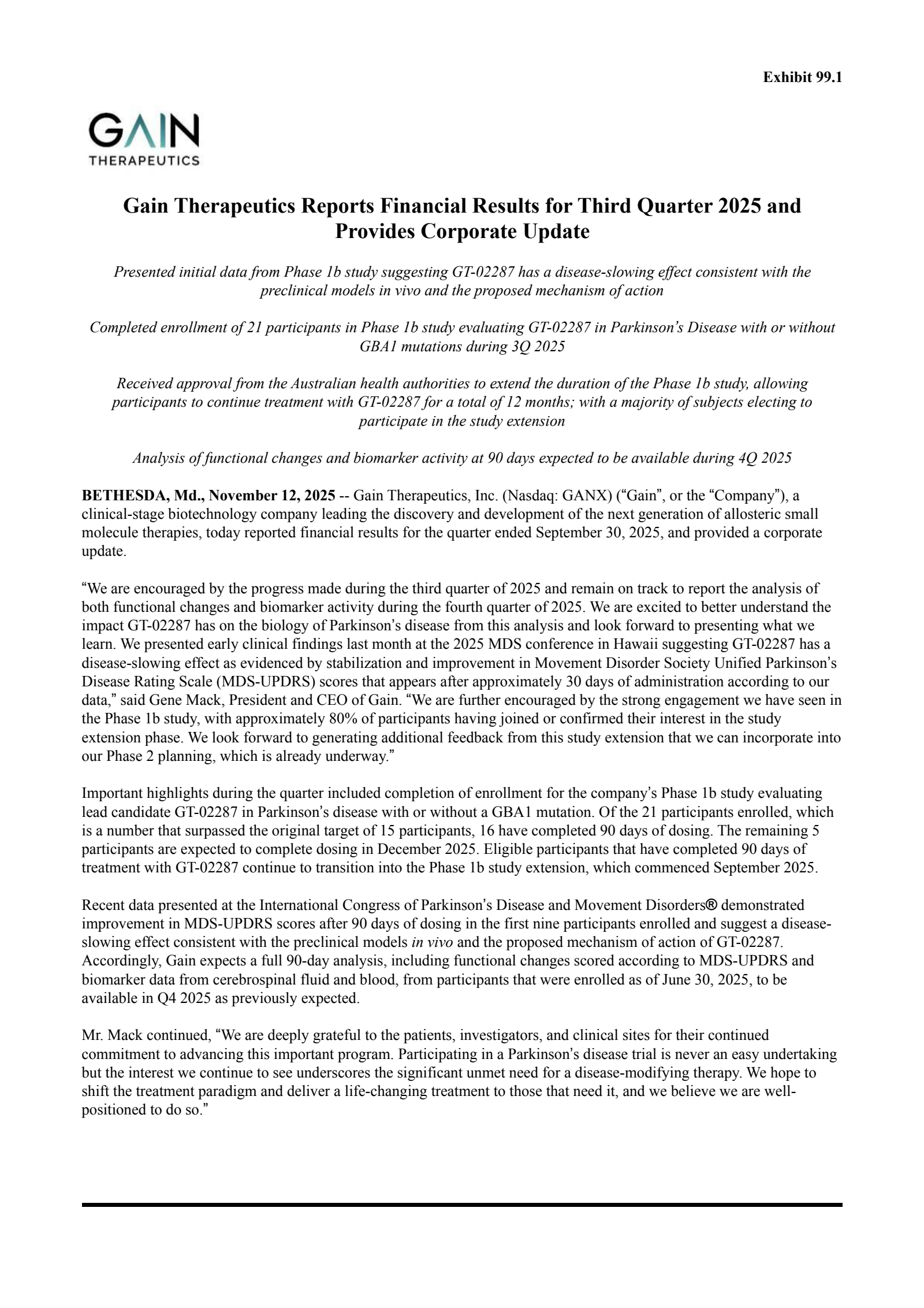 Gain Therapeutics' Q3 2025 Earnings Release