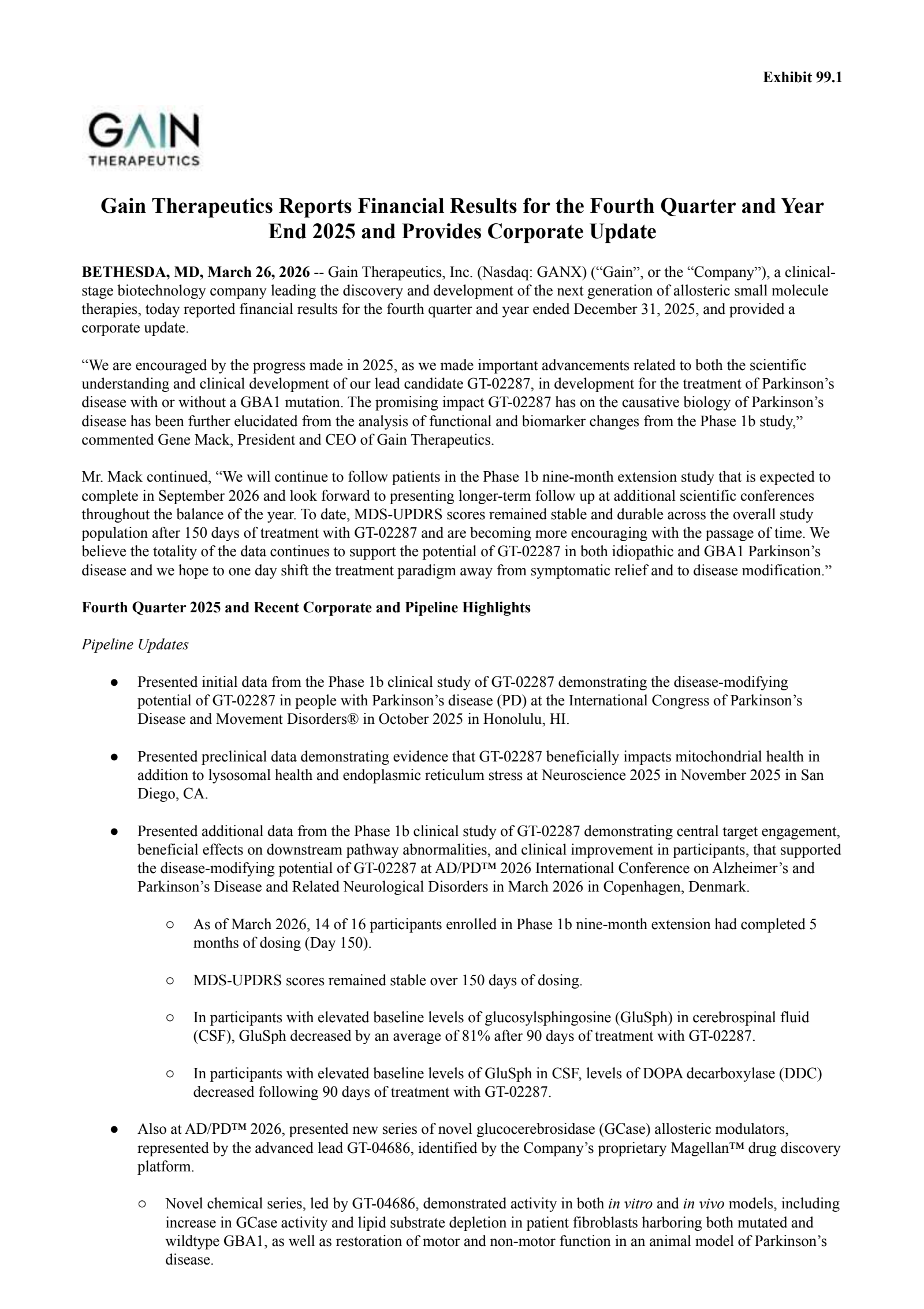 Gain Therapeutics' Q4 2025 Press Release