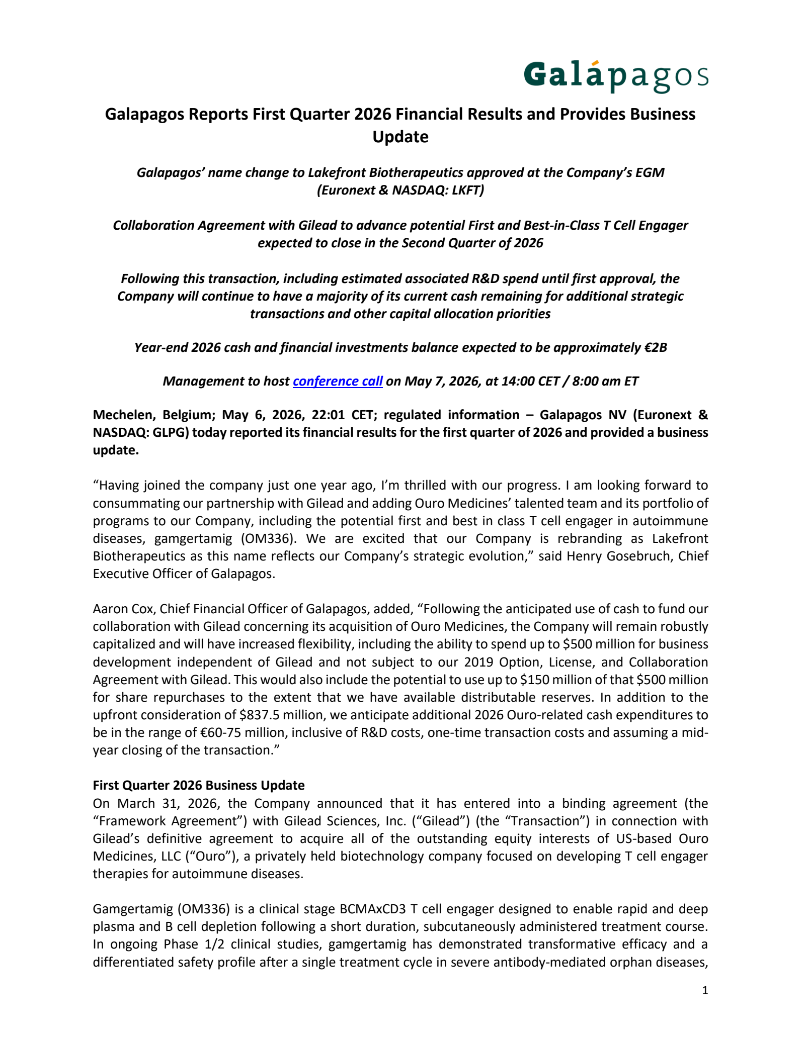 Galapagos' Q1 2026 Press Release