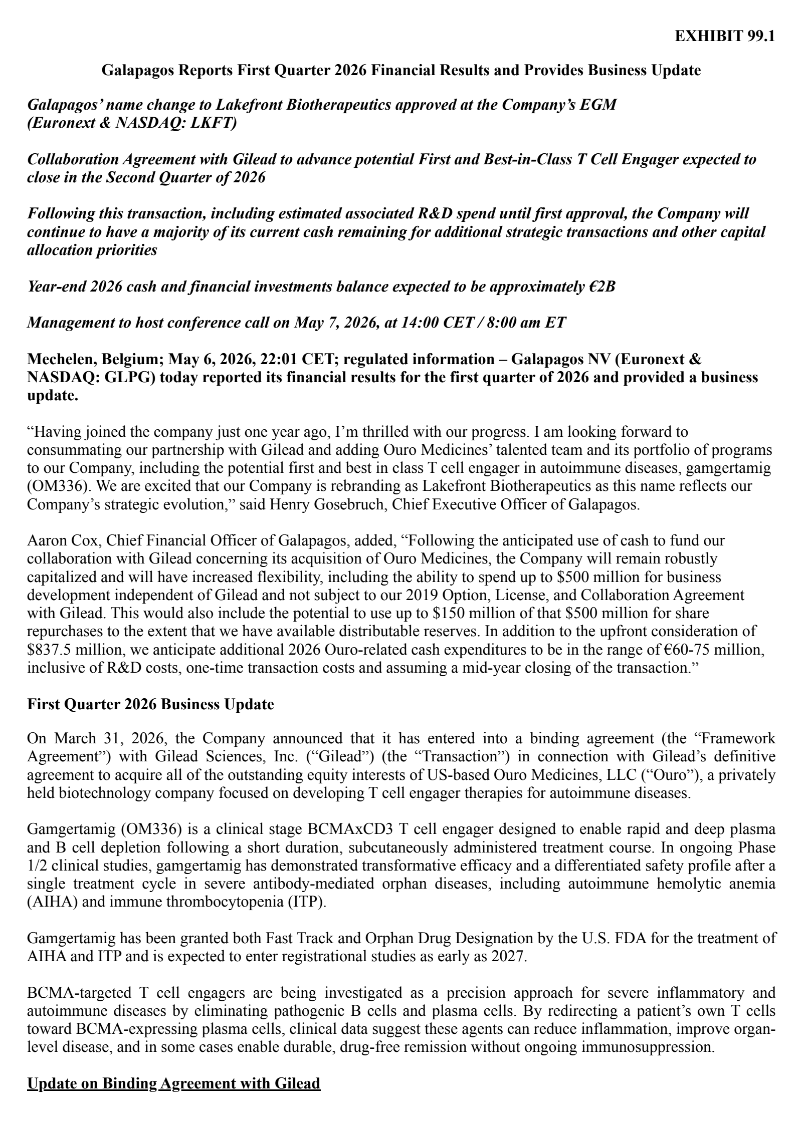 Galapagos' Q1 2026 Press Release