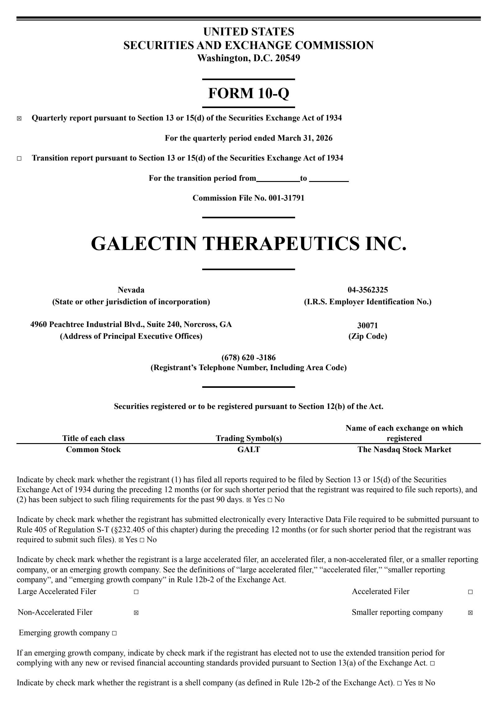 Galectin Therapeutics' Q1 2026 Quarterly report