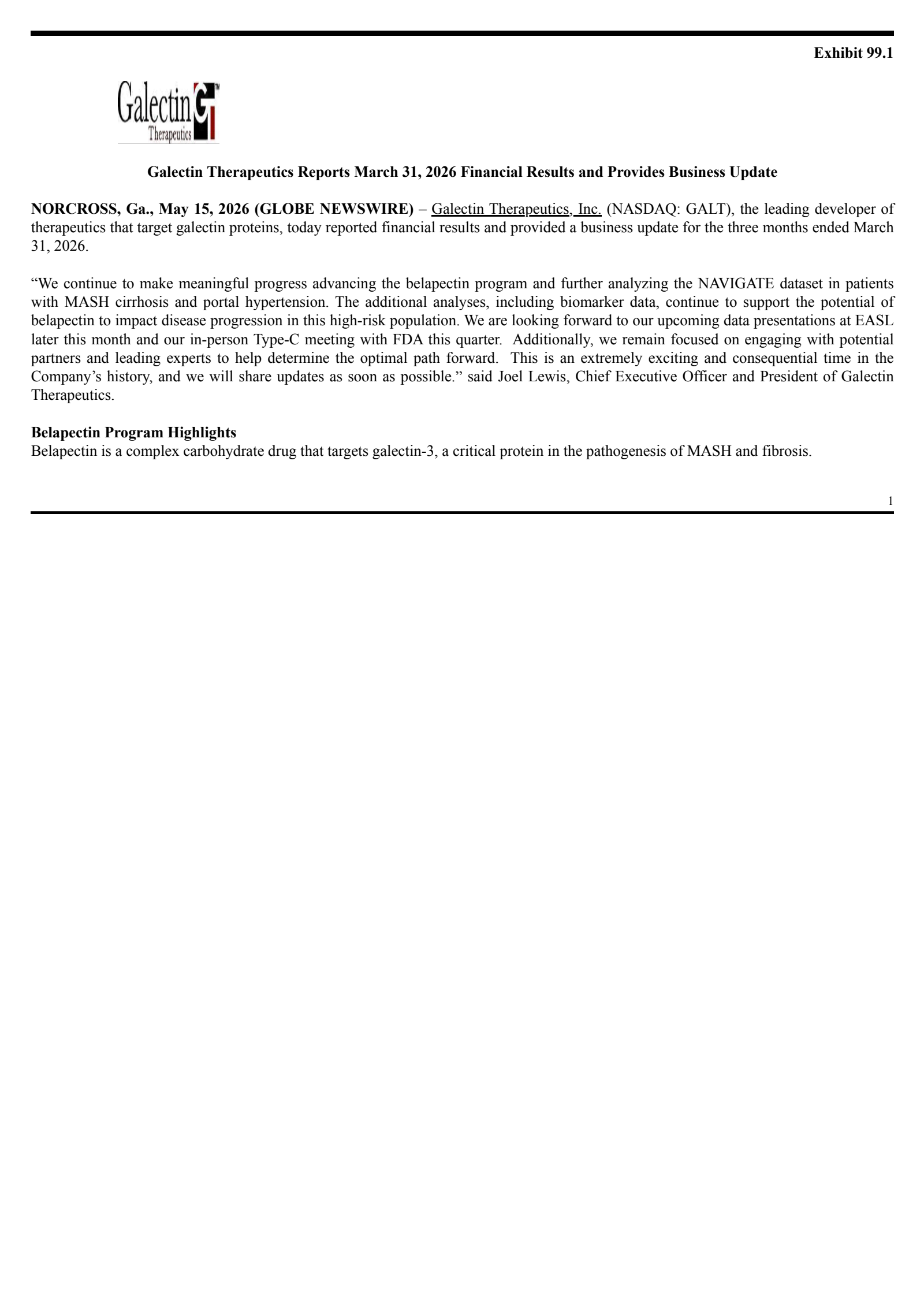 Galectin Therapeutics' Q1 2026 Press Release