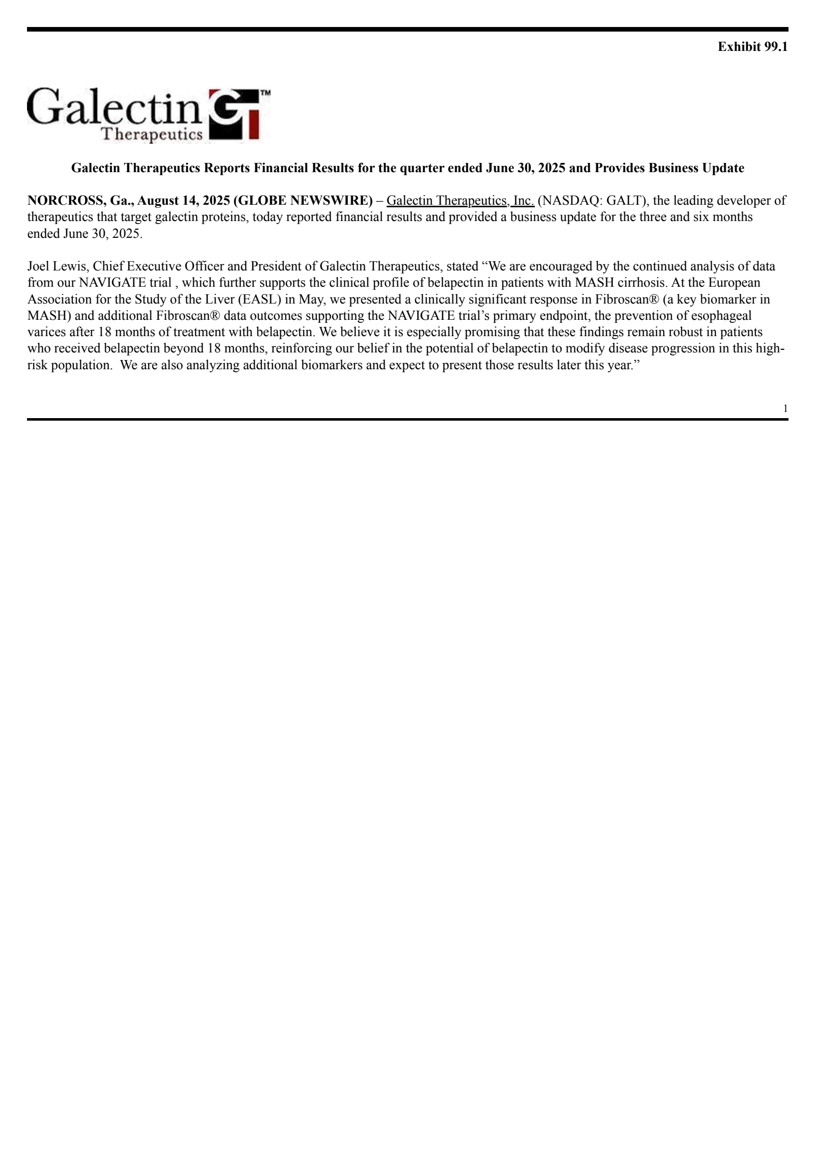 Galectin Therapeutics' Q2 2025 Press Release