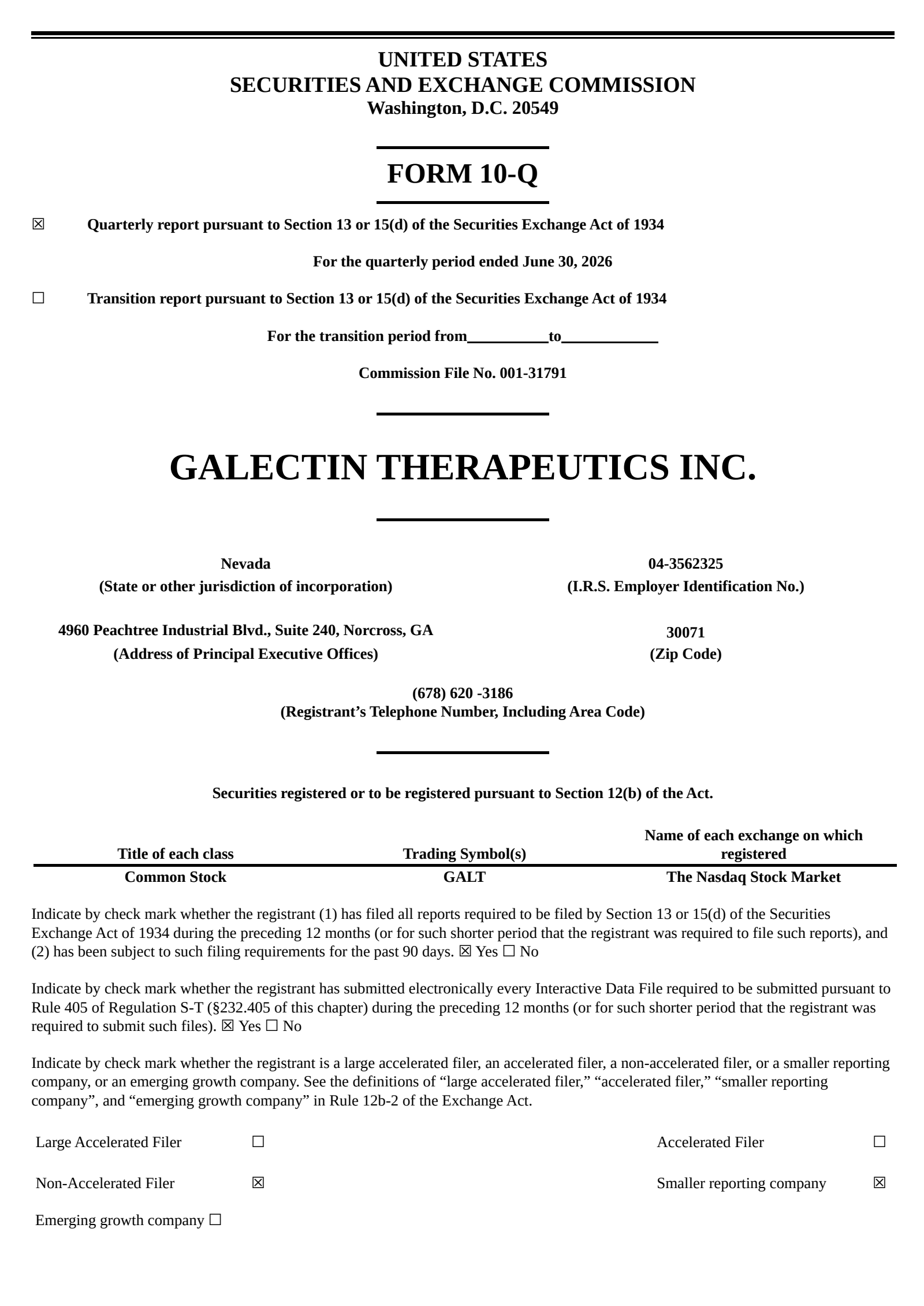 Galectin Therapeutics' Q2 2026 Quarterly report