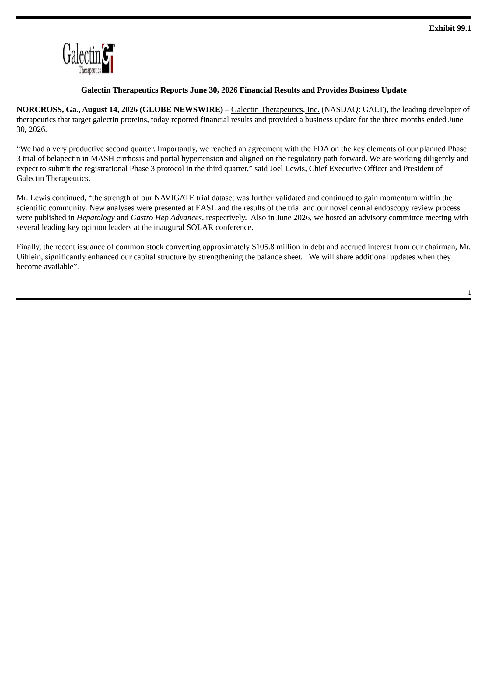 Galectin Therapeutics' Q2 2026 Press Release