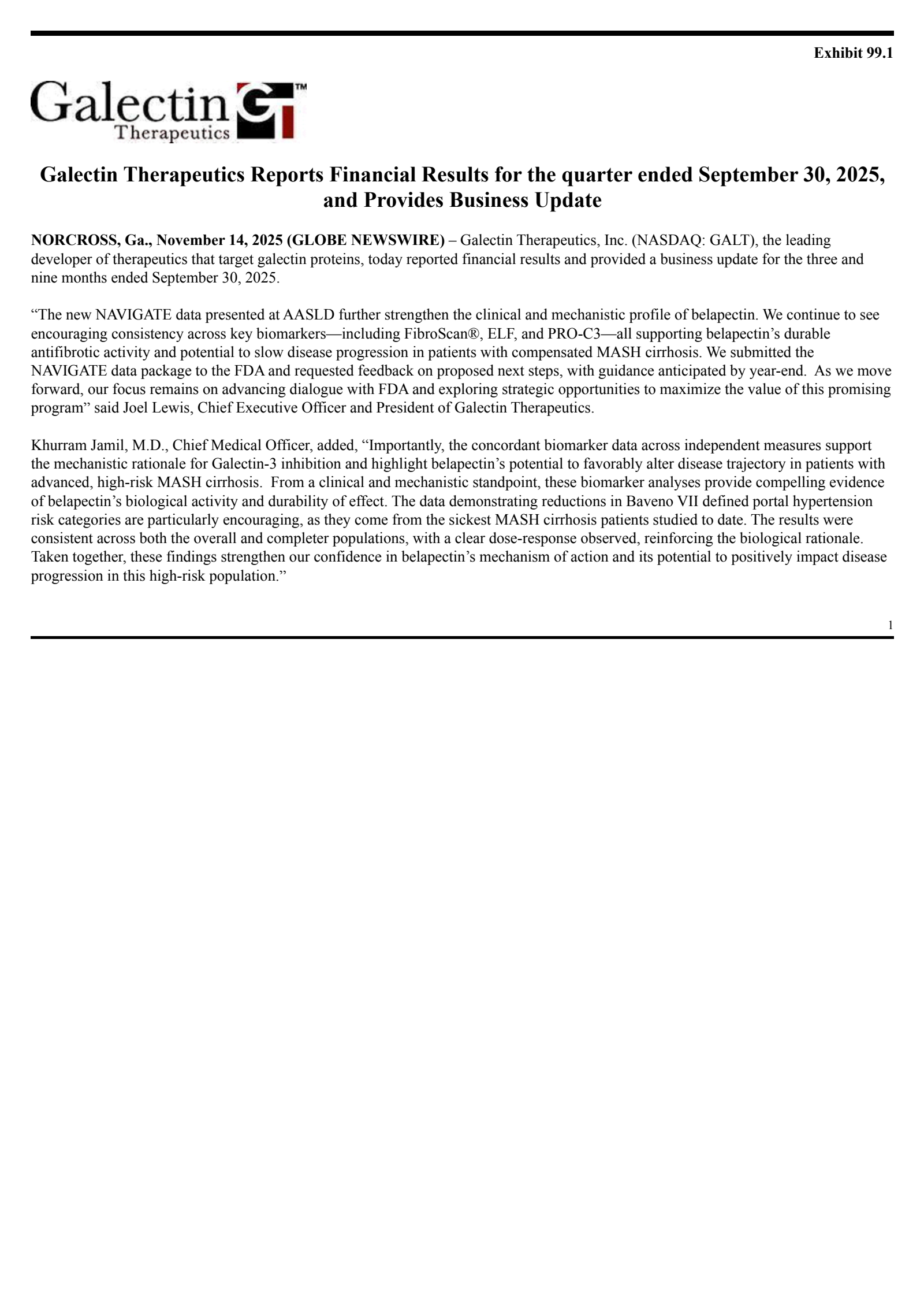 Galectin Therapeutics' Q3 2025 Earnings Release