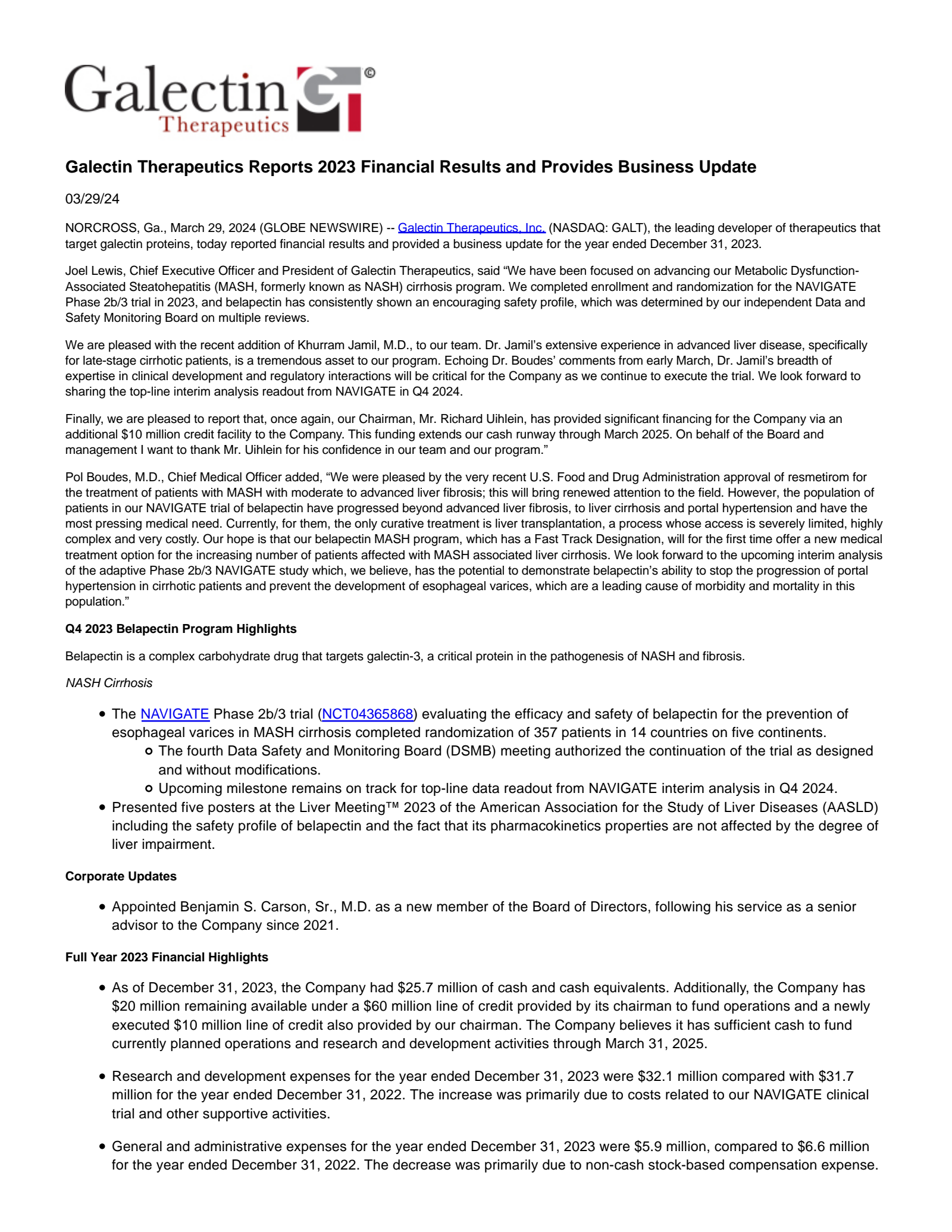 Galectin Therapeutics' Q4 2023 Press Release