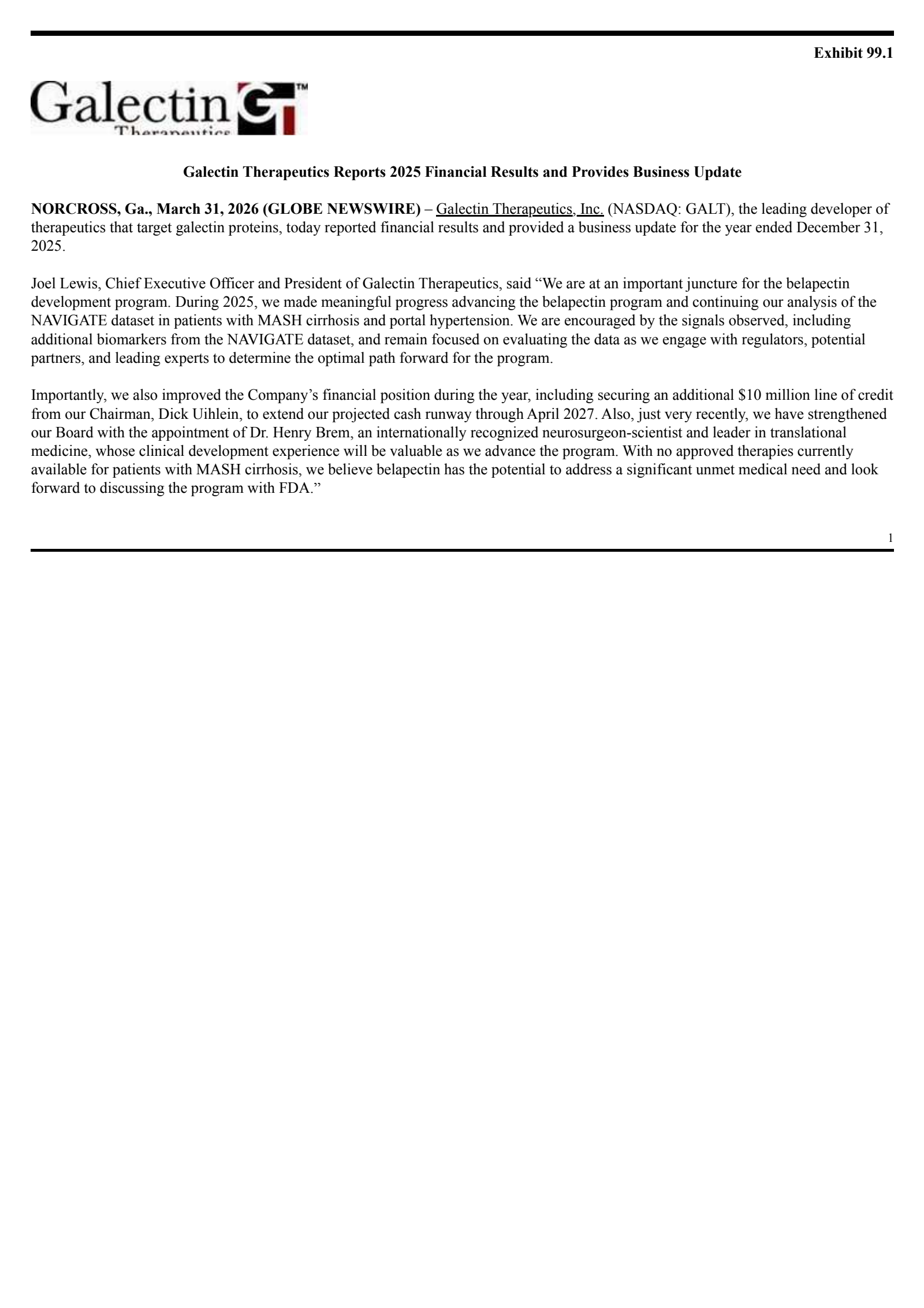 Galectin Therapeutics' Q4 2025 Press Release