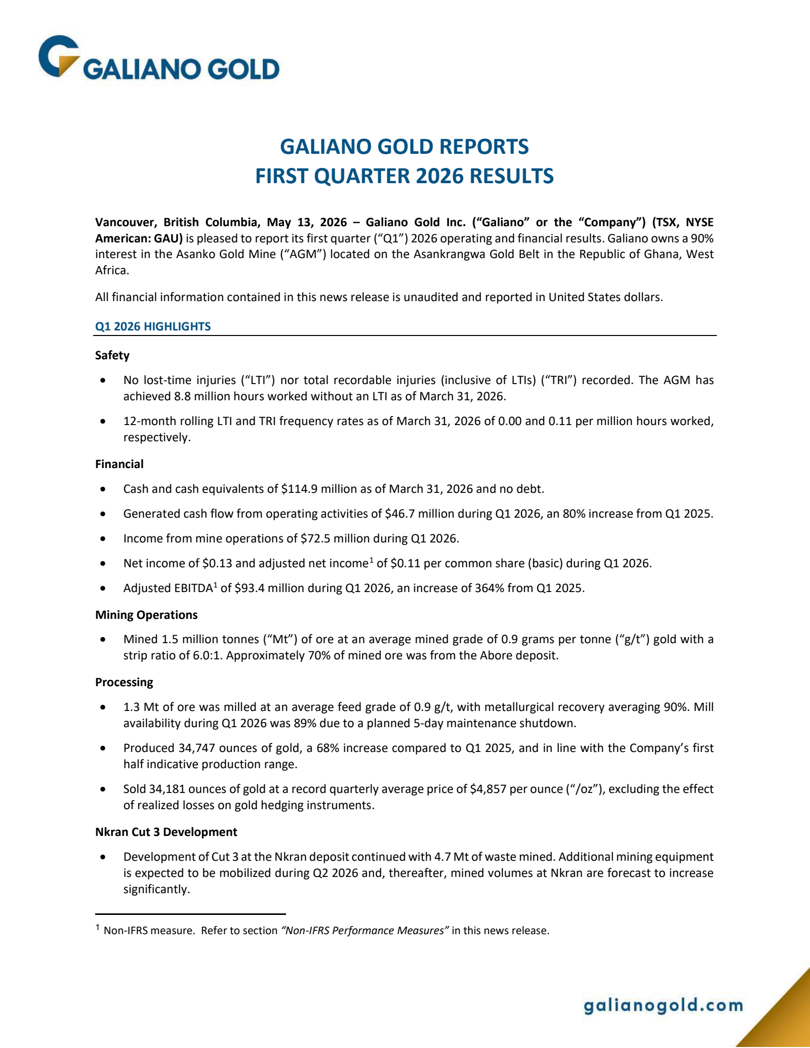 Galiano Gold's Q1 2026 Press Release