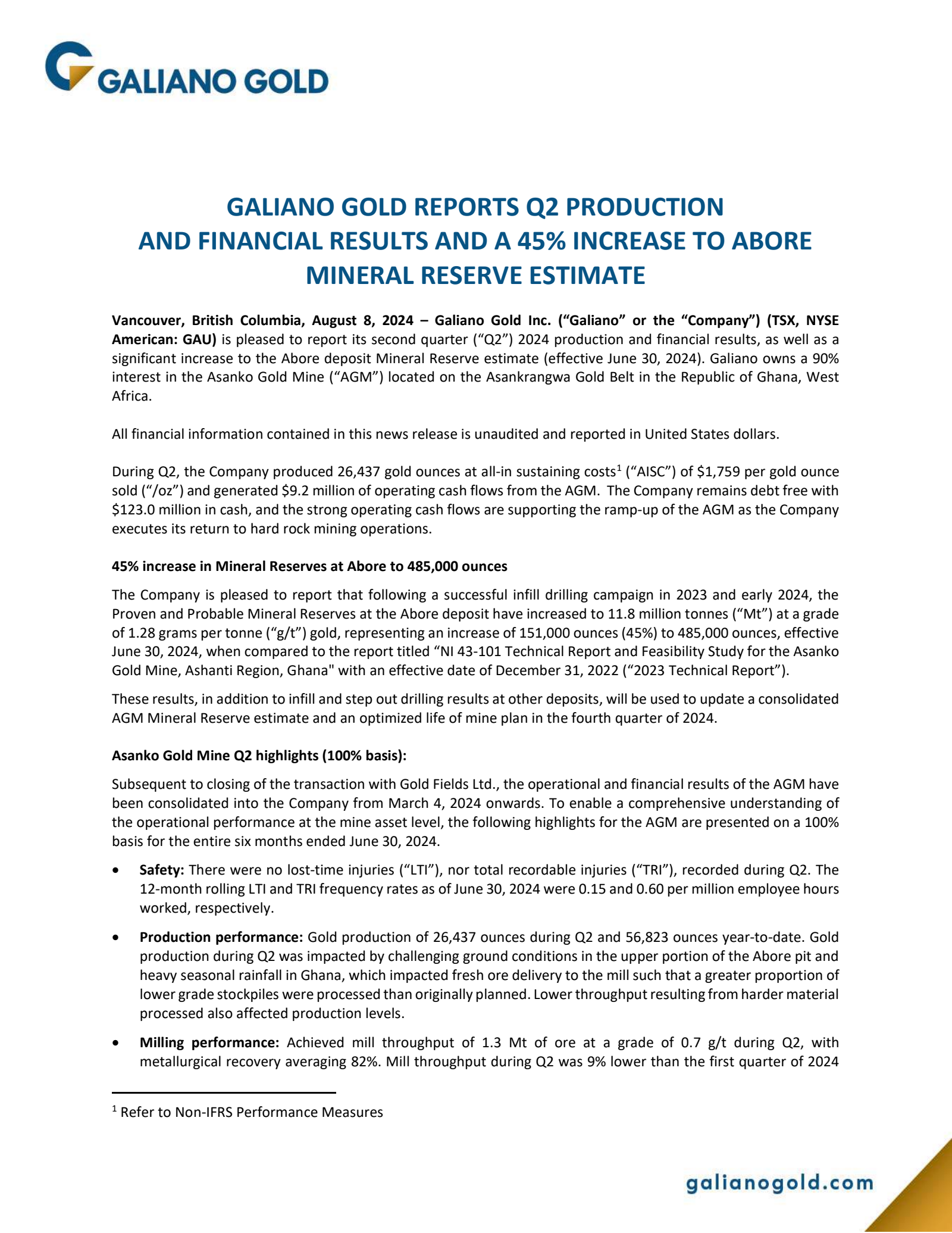 Galiano Gold's Q2 2024 Press Release