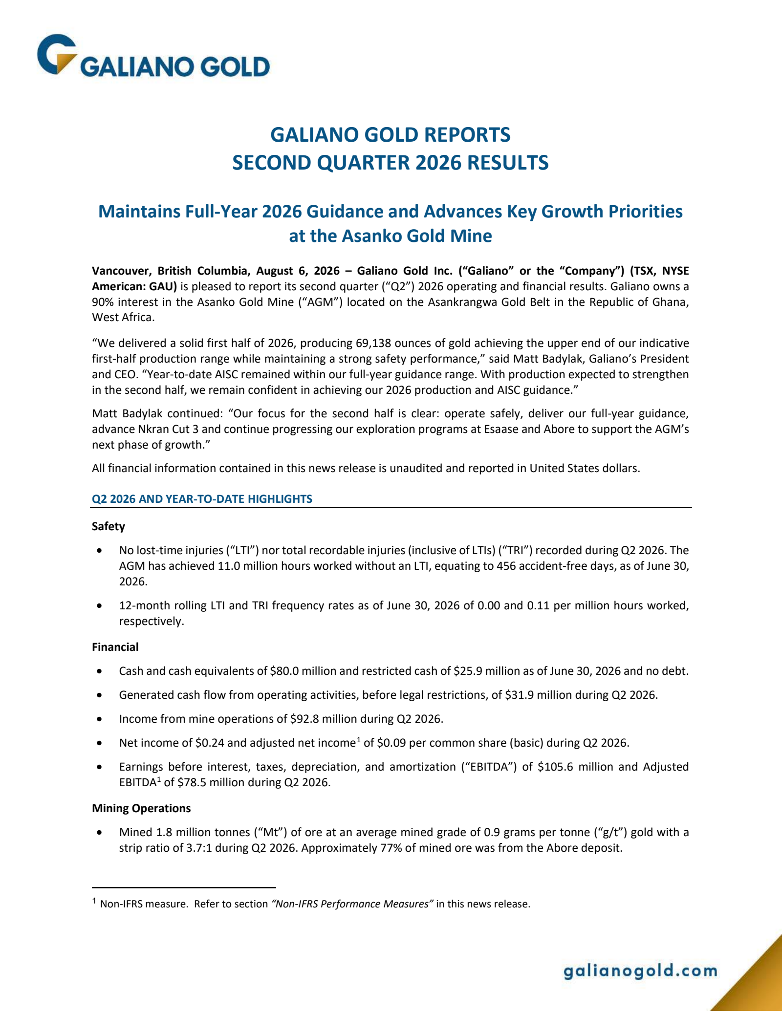Galiano Gold's Q2 2026 Press Release