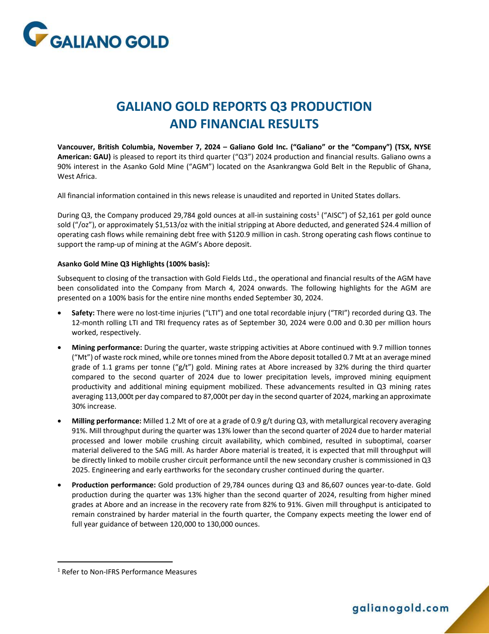 Galiano Gold's Q3 2024 Press Release
