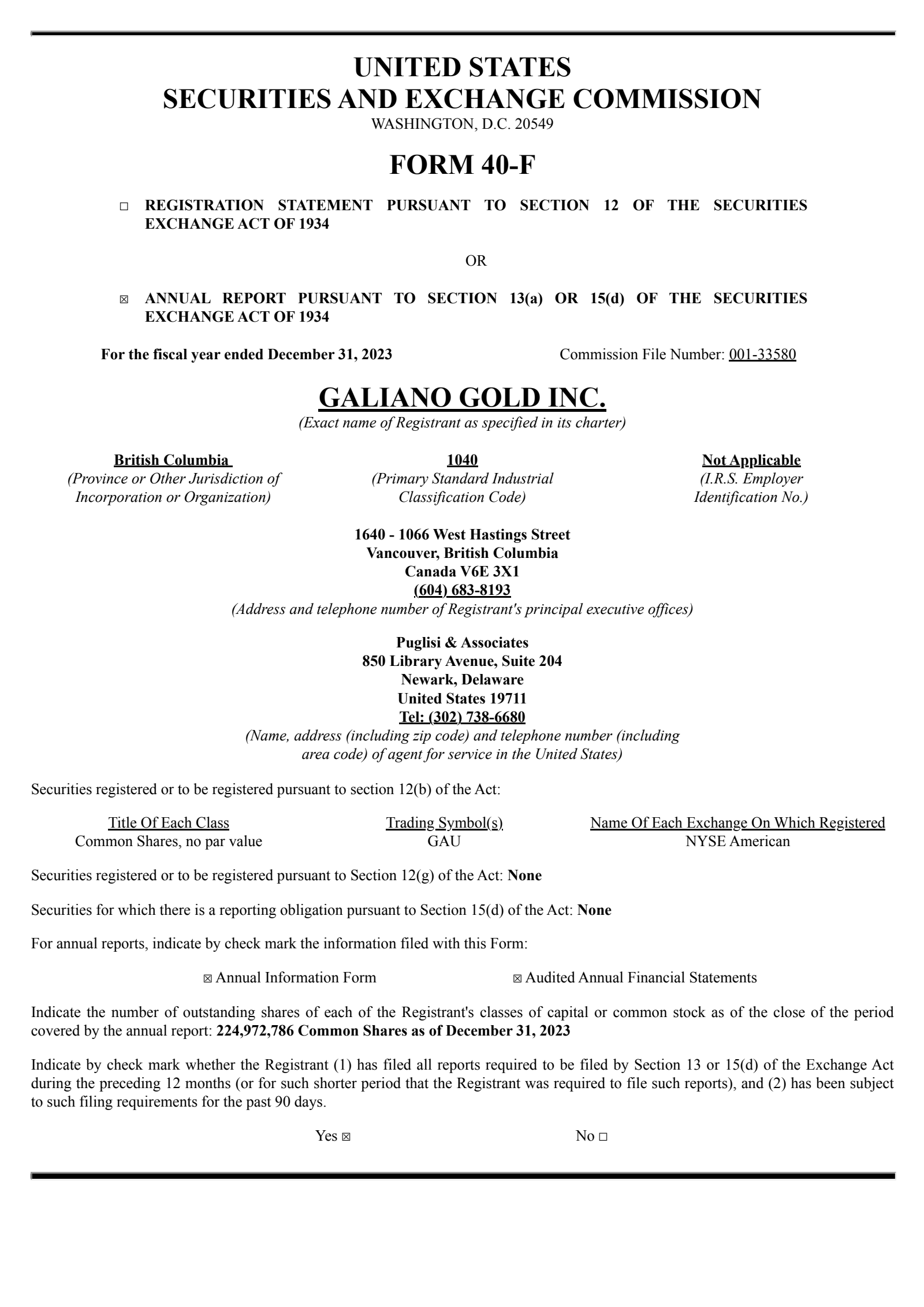 Galiano Gold's Q4 2023 Annual report