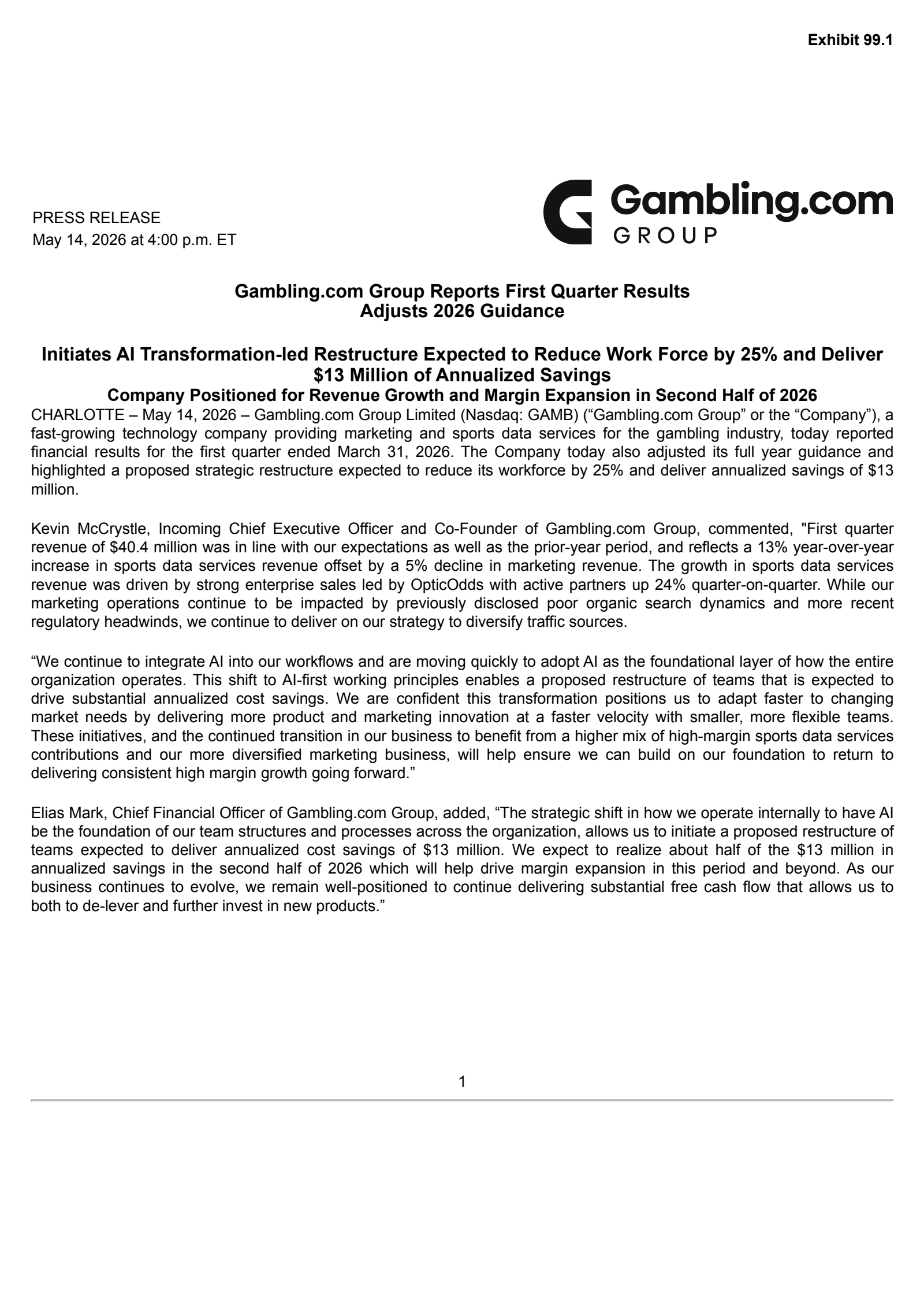 Gambling.com Group's Q1 2026 Press Release